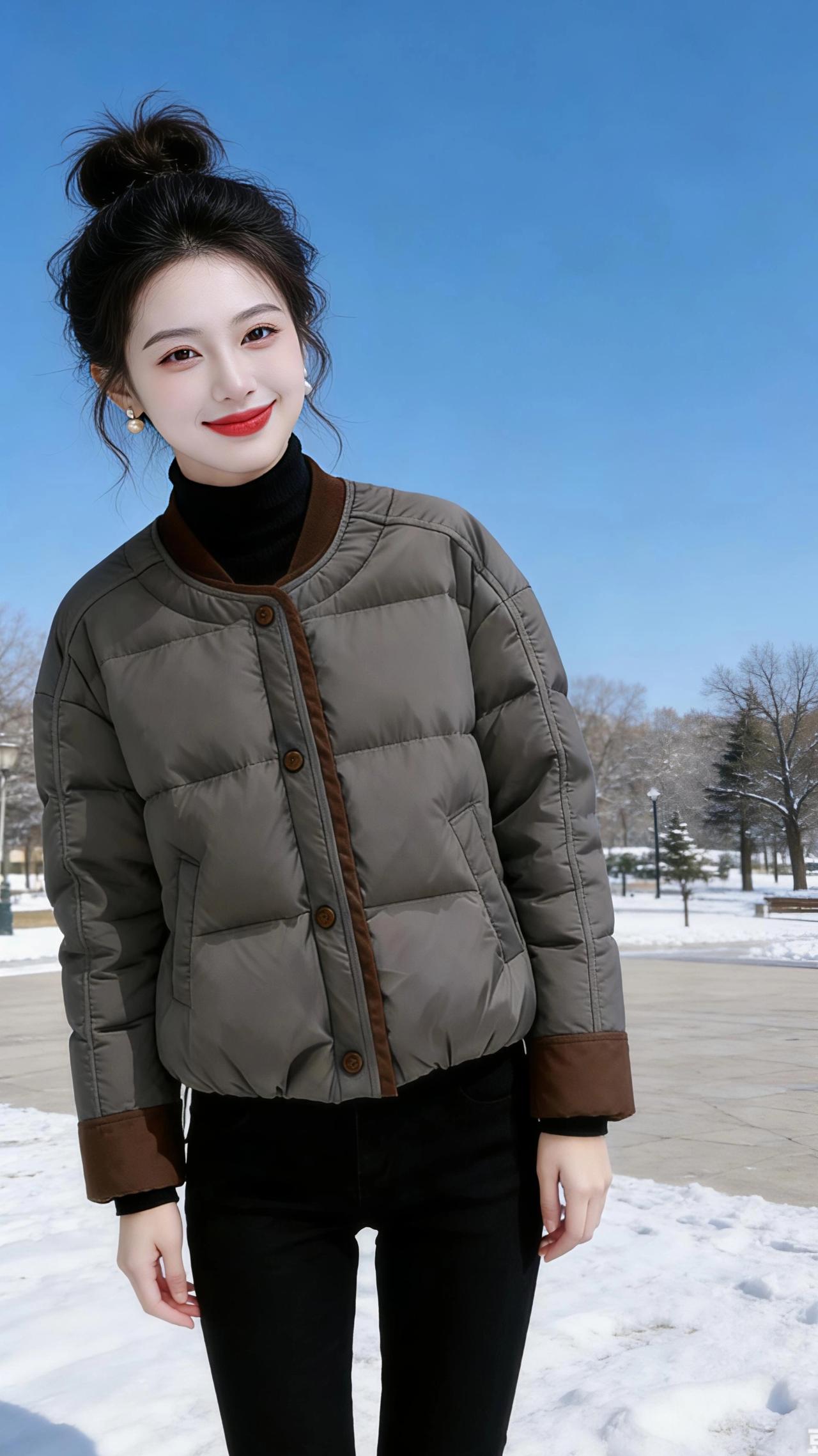 雪日暖裳
 
冬日的风卷着碎雪，扑在肩头时，却被这件灰咖色的短款羽绒服轻轻兜住了