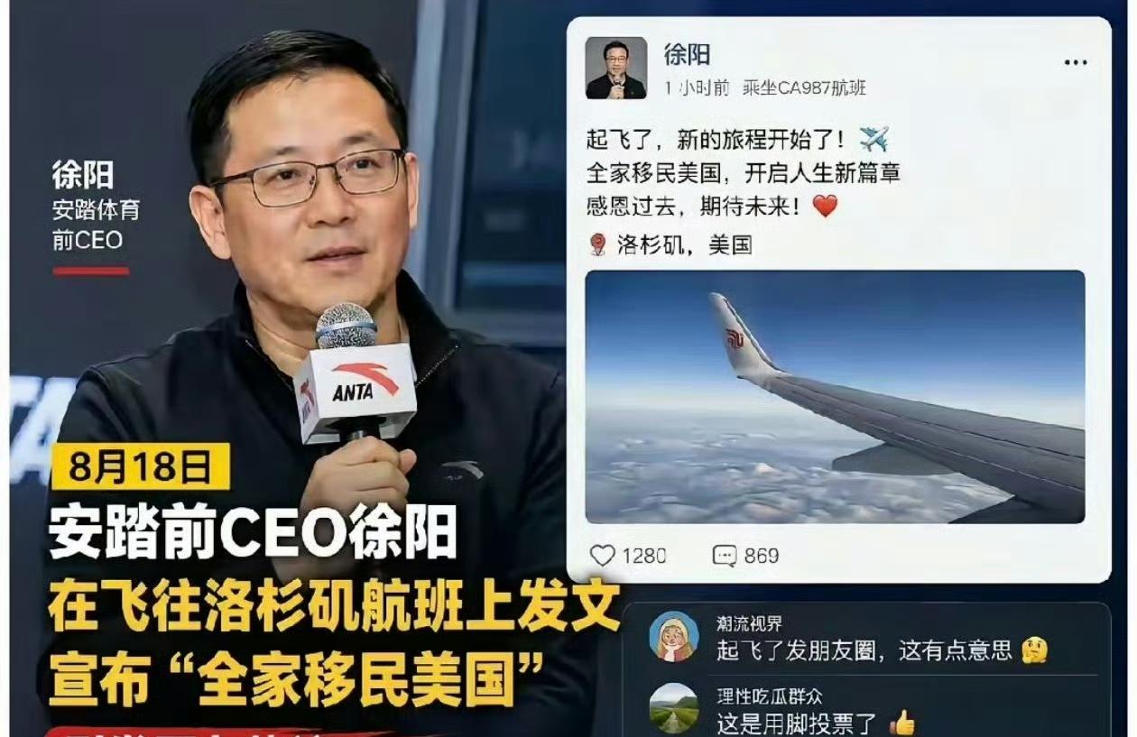 安踏前品牌的CEO徐阳，宣布他全家移民大洋彼岸。这个徐阳是安踏的资深职业经理人，