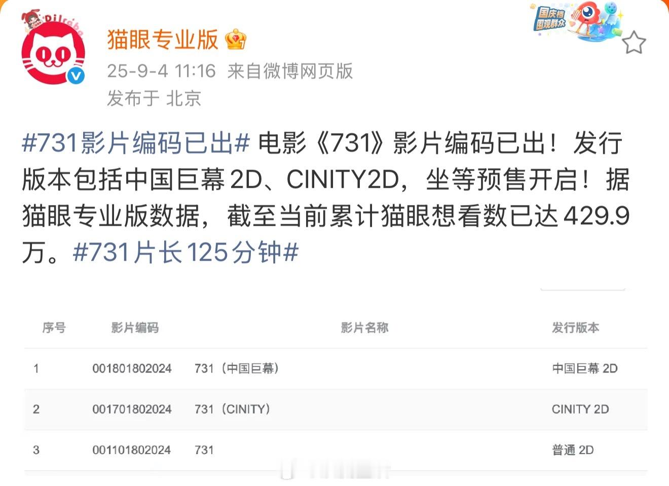 731片长125分钟918来看731！ ​​​