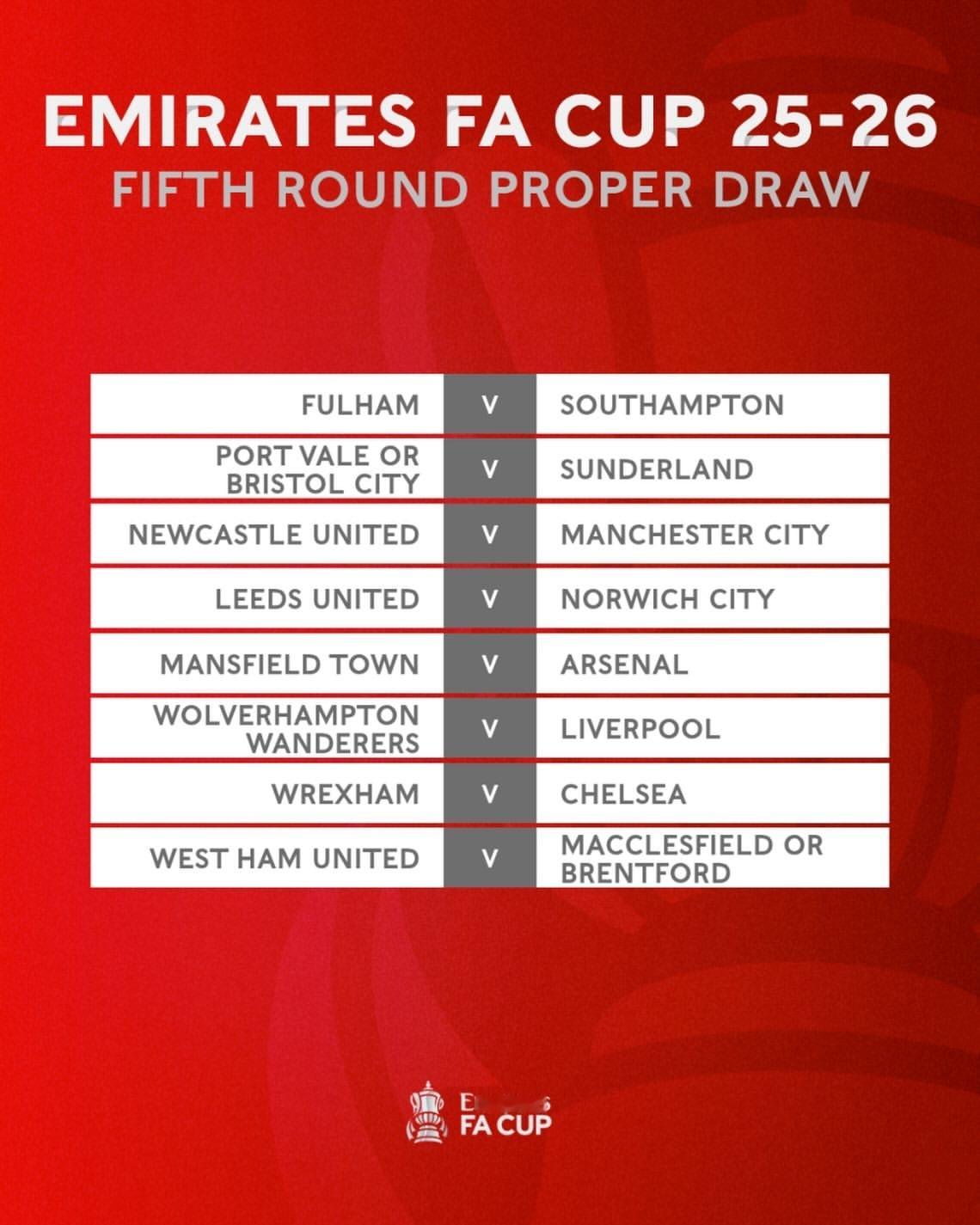 【新年好签】25-26足总杯第五轮抽签结果：曼斯菲尔德镇vs阿森纳 (依然是英甲