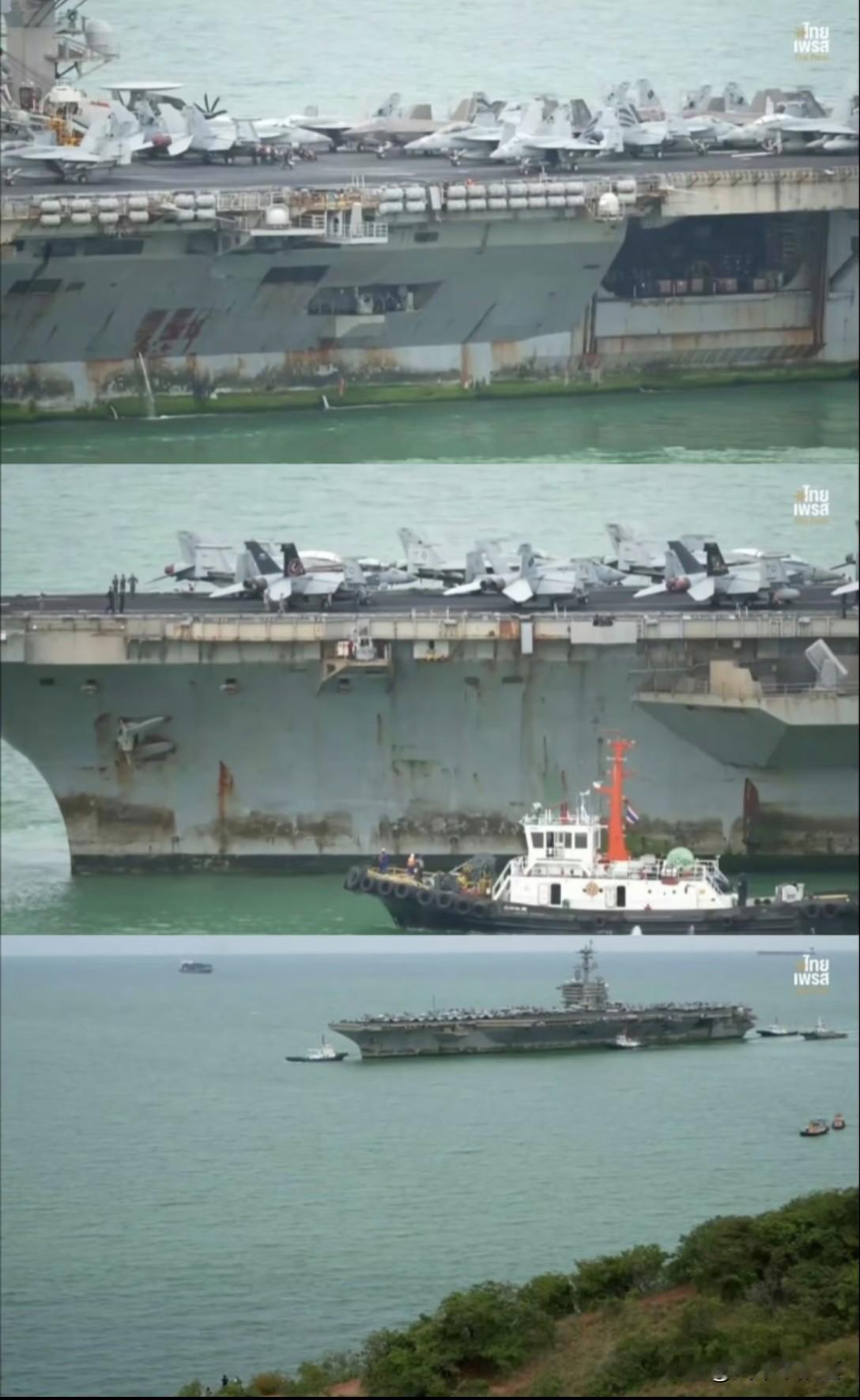 丢人吗？多少有一点！满身锈迹的林肯号航母停靠泰国林查班港，它已经连续海上漂泊28