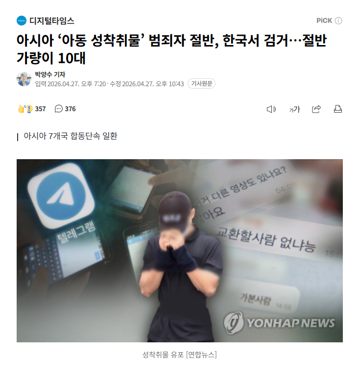 【亚洲联合打击儿童性剥削犯罪：半数嫌疑人在韩国落网，近六成为青少年】海外新鲜事热