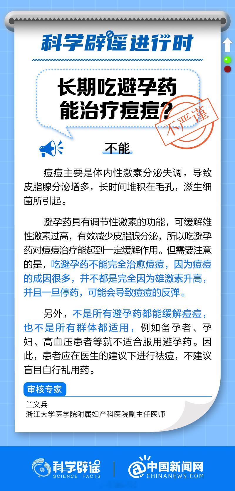 【#长期吃避孕药能治疗痘痘吗#？】#科学辟谣进行时#吃避孕药不能完全治愈痘痘，因