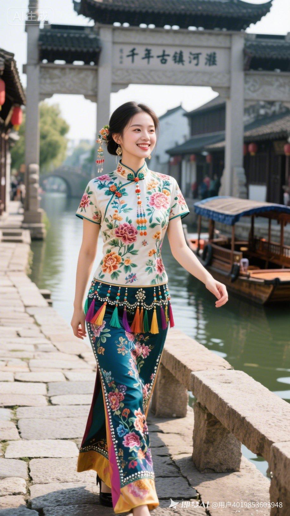 千年古镇河畔漫步，花衣少女笑语盈盈！