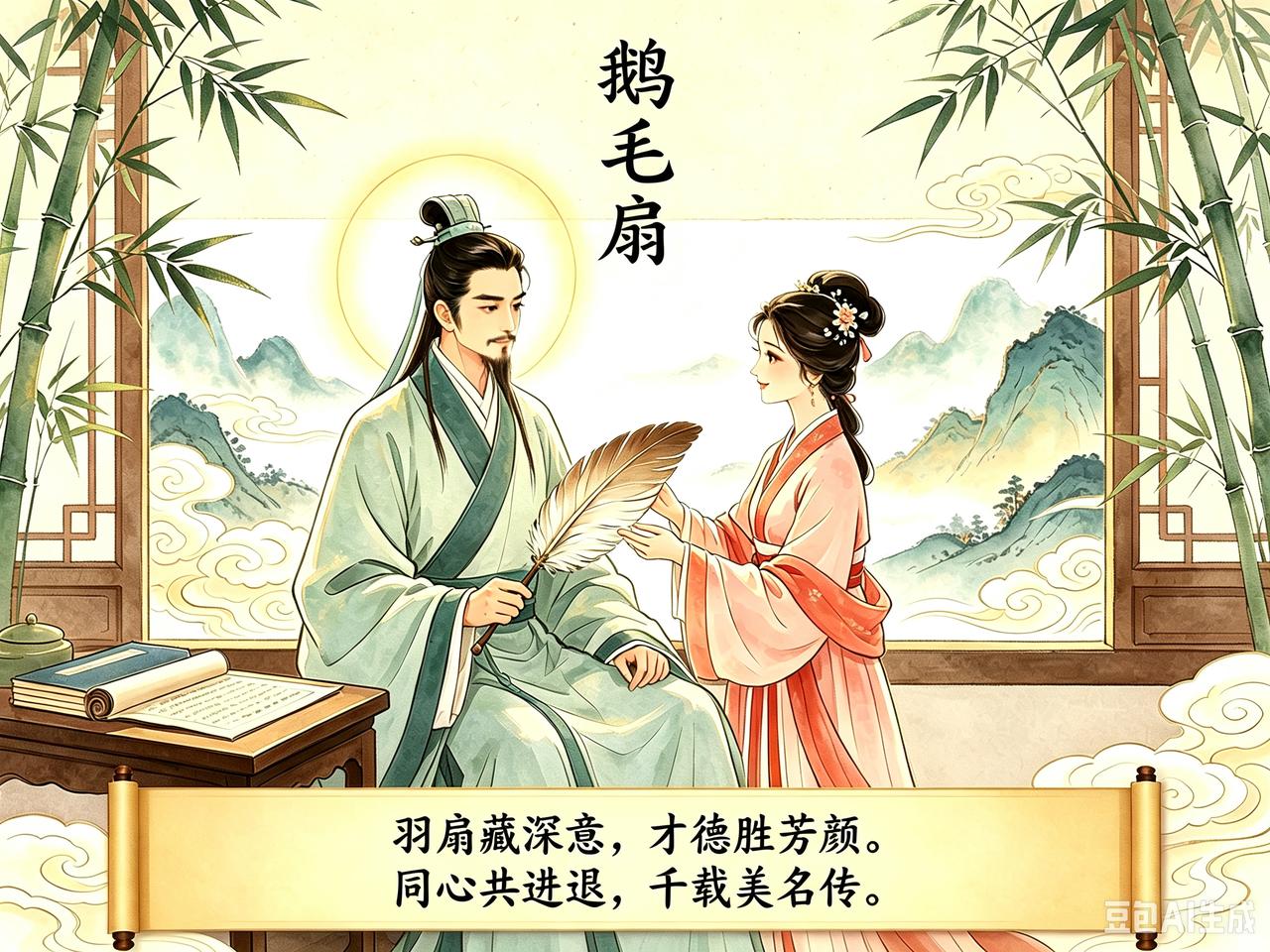 小故事
 
 鹅 毛 扇
 
可知诸葛亮，
常携鹅毛扇。
朝夕持在手，
君猜为哪