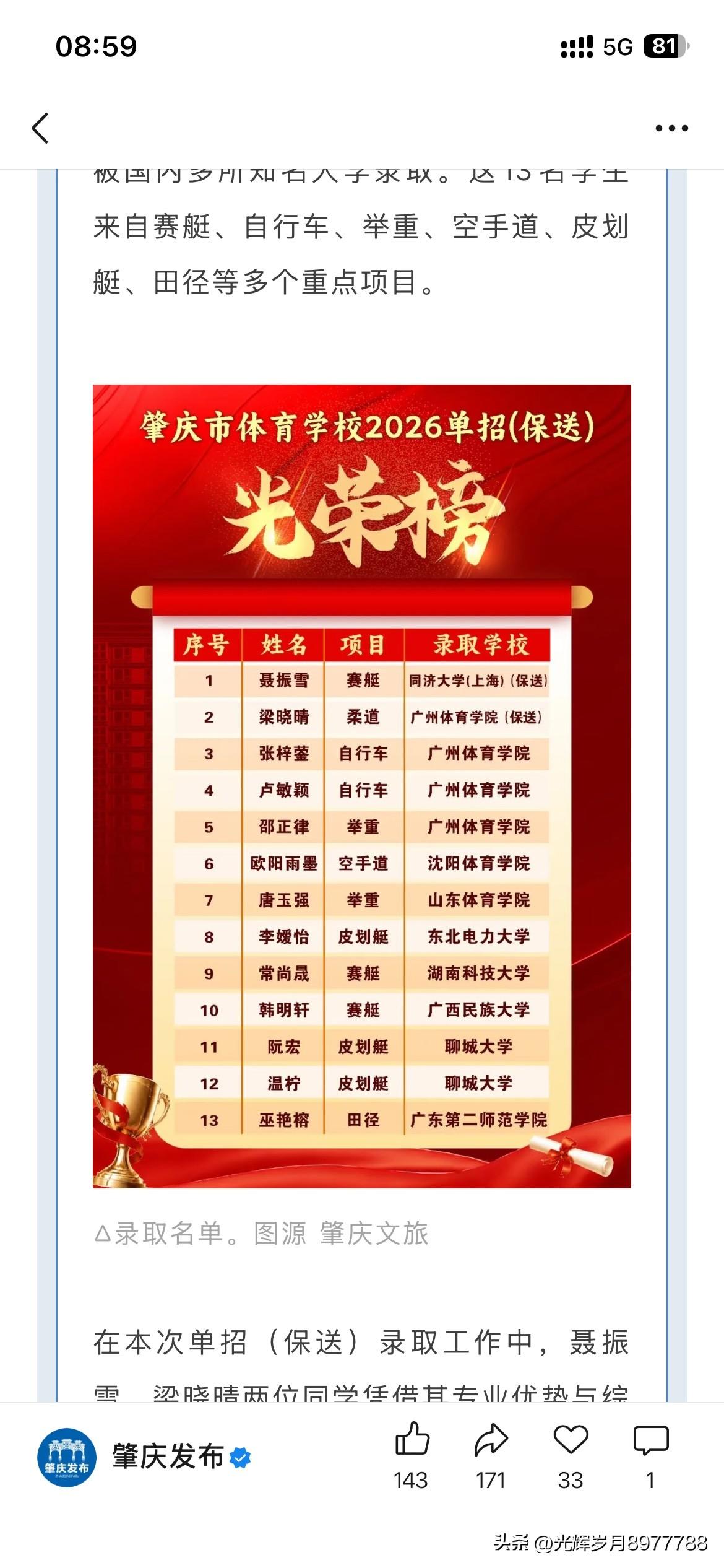 肇庆市体育学校共有13位学生队，包括同济大学体育学院，广州体育学院等体育类知名高