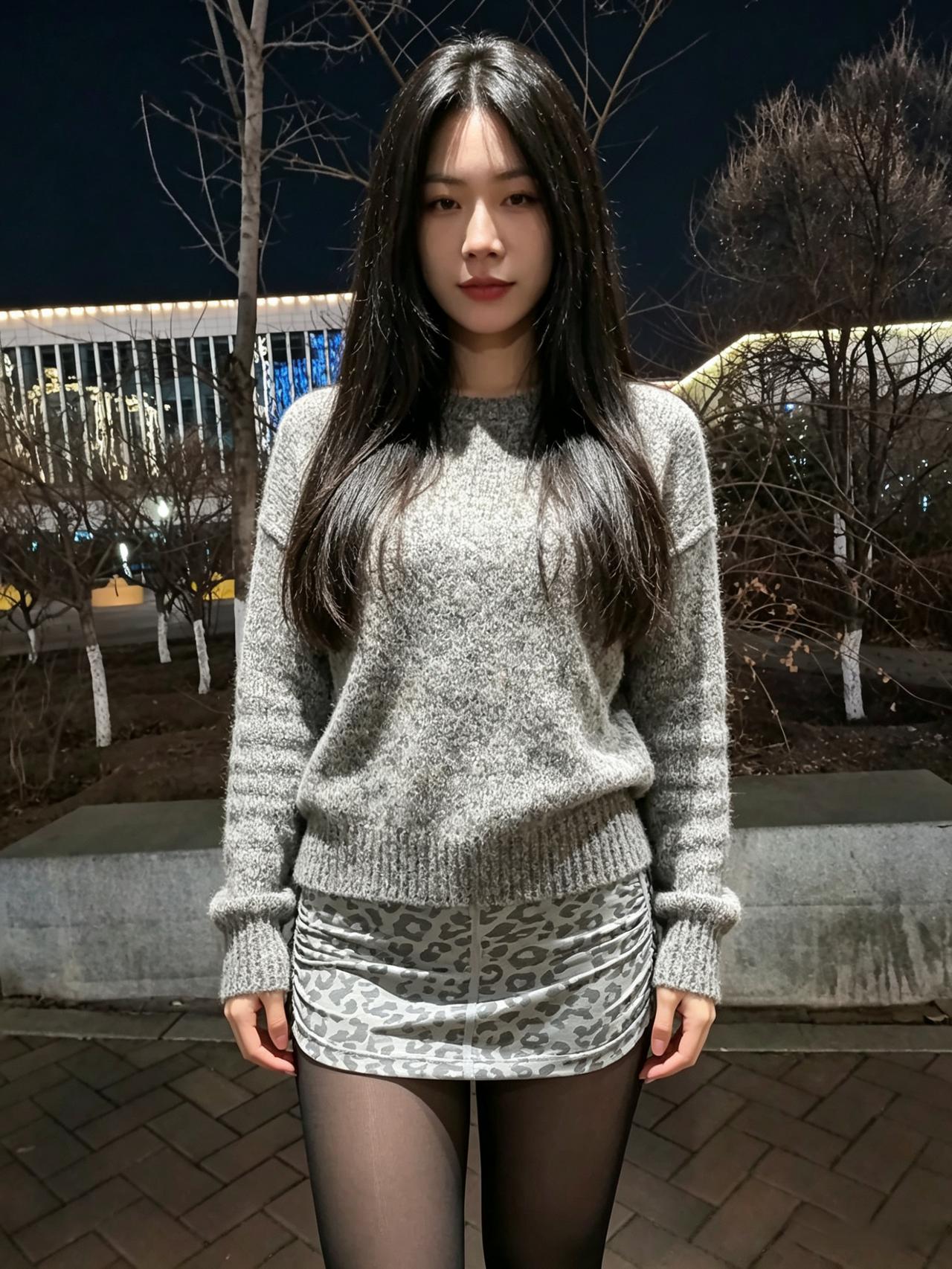 暮色笼长林，清辉照玉人。
发丝垂若瀑，仪态静如真。
软袂凝温软，花裙缀浅纹。
回