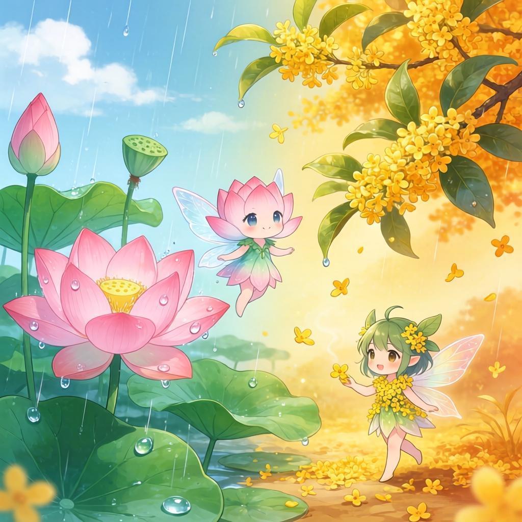 上联：夏雨荷花艳
下联：秋阳桂花香