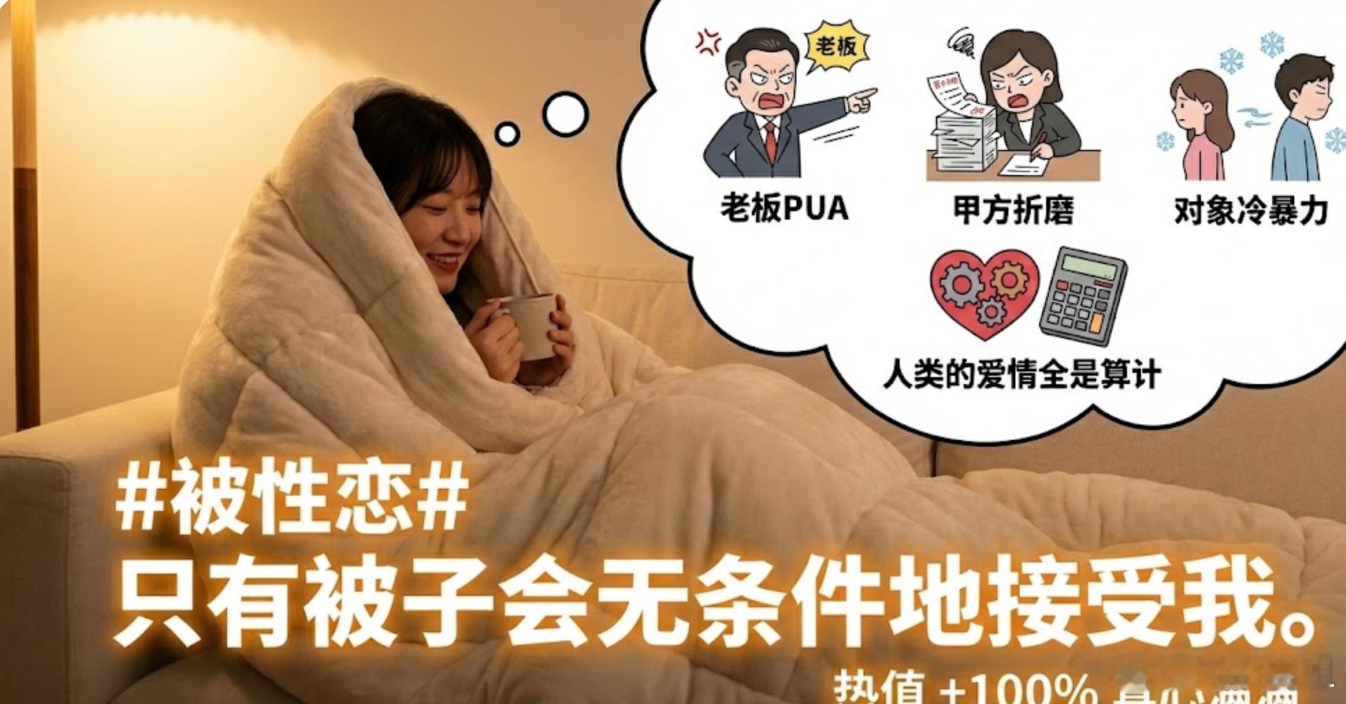 被性恋老板会PUA你，甲方会折磨你，对象会冷暴力你，只有被子会无条件的接受我人类