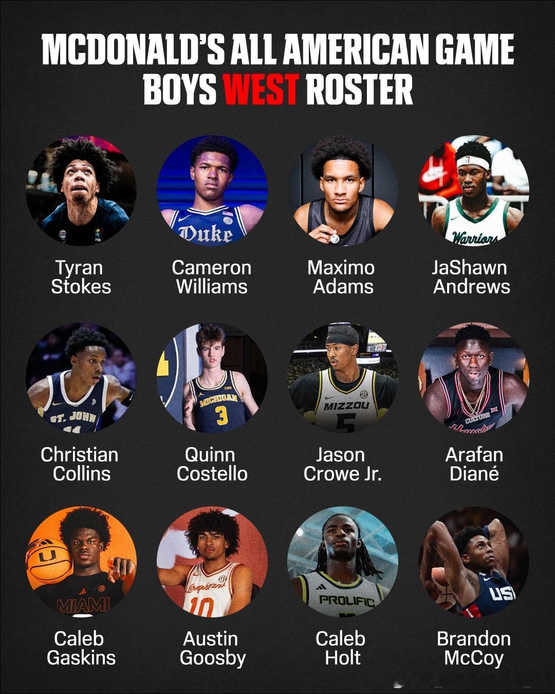 2026年麦当劳高中全明星赛东西部阵容出炉NCAAnba选秀大会麦当劳全明星大赛