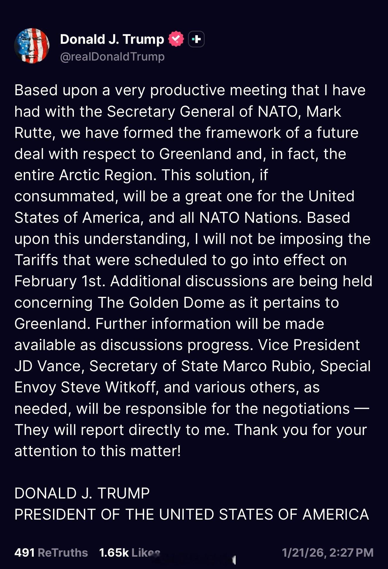 川普发帖表示将不会执行2月1日对欧洲八国的关税：”根据我与北约秘书长马克·吕特进