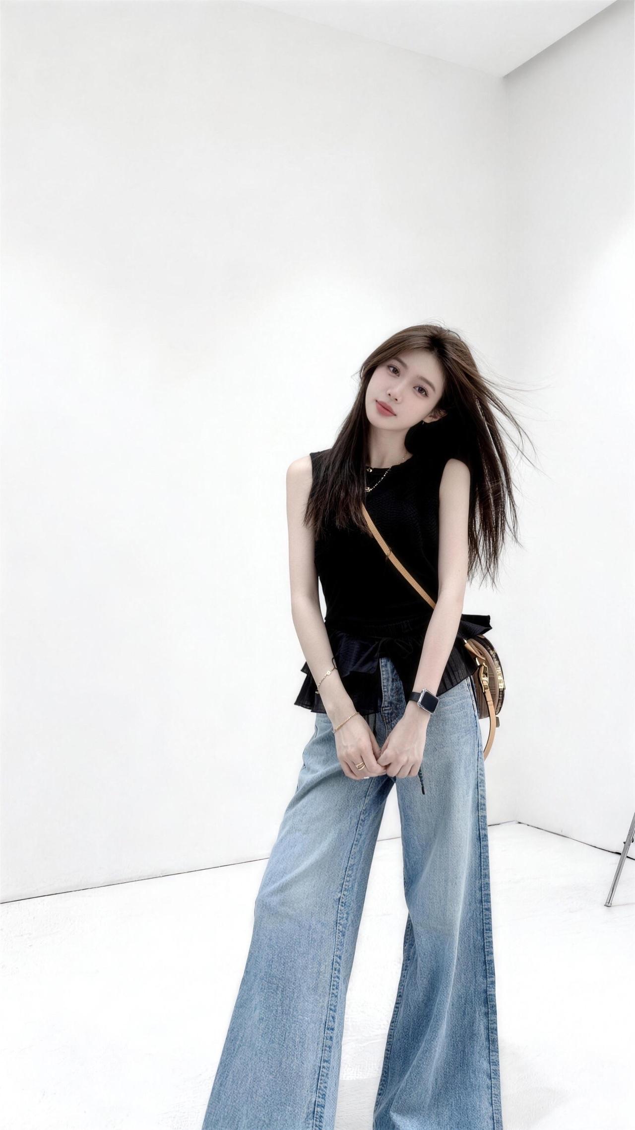 针织背心牛仔裤穿搭 背心阔腿裤穿搭 气质飞袖背心 吊带背心搭配牛仔裤 无袖高腰阔