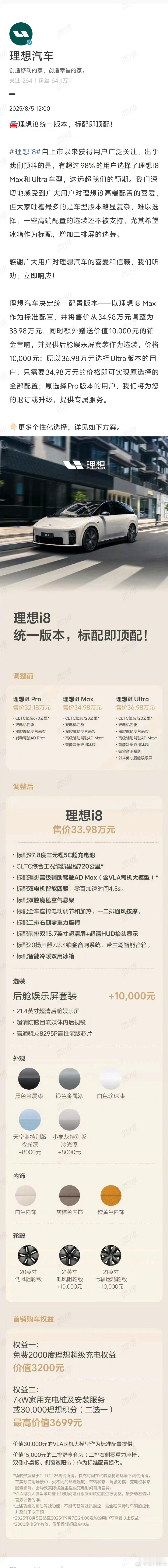 理想i8调价 8月5日，理想汽车官方公告——理想i8配置统一版本，标配即顶配，并