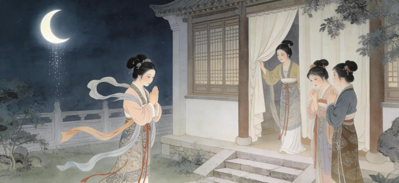 唐朝那位诗人李端，写过一首短短的绝句，讲一个姑娘在安静的夜晚，对着一弯新月虔诚叩