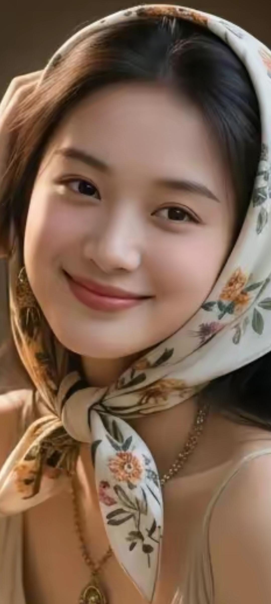 温柔微笑，花色头巾，优雅气质，完美搭配
