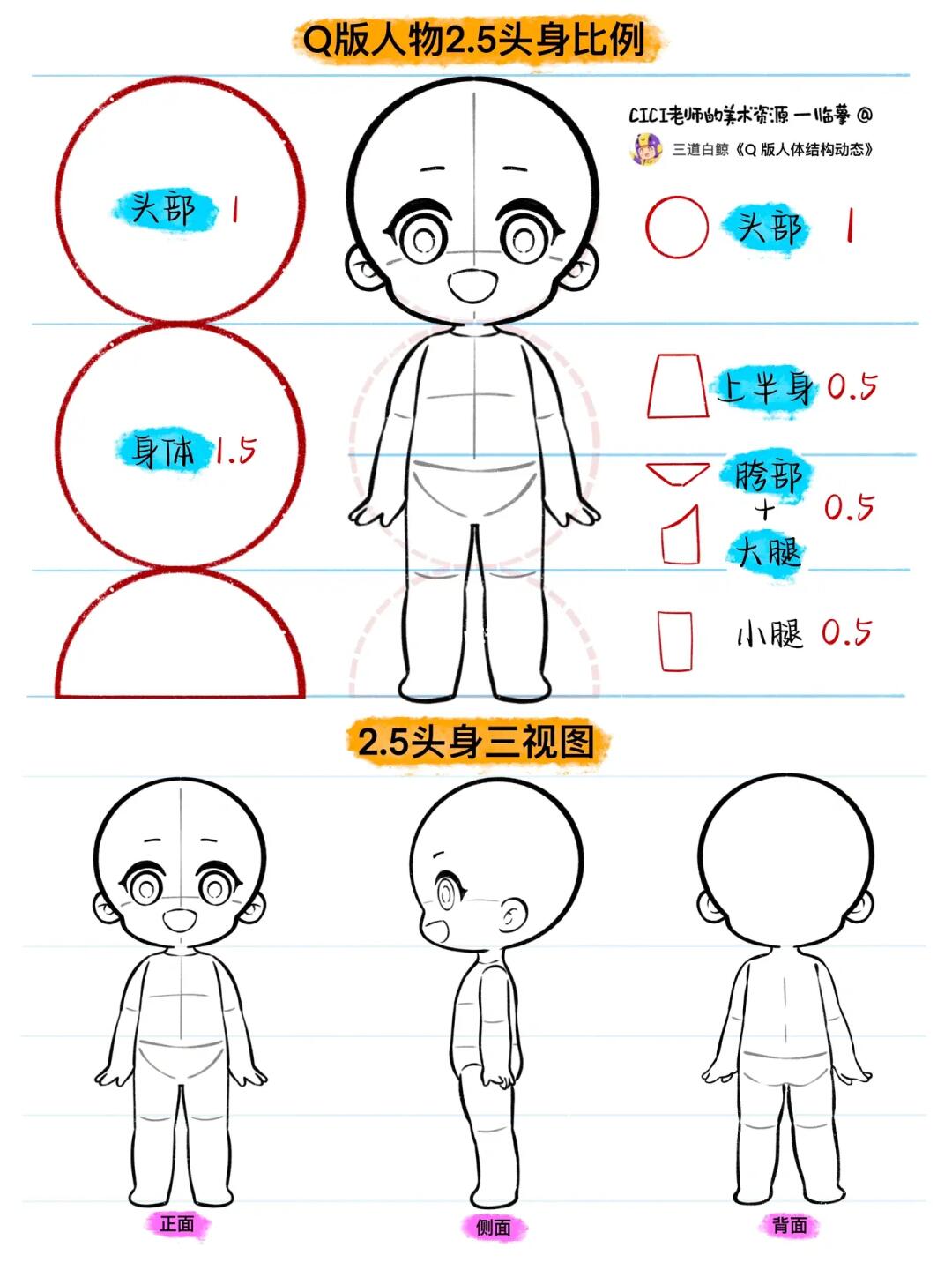 简笔画｜Q版人物 2.5头身比例、三视图