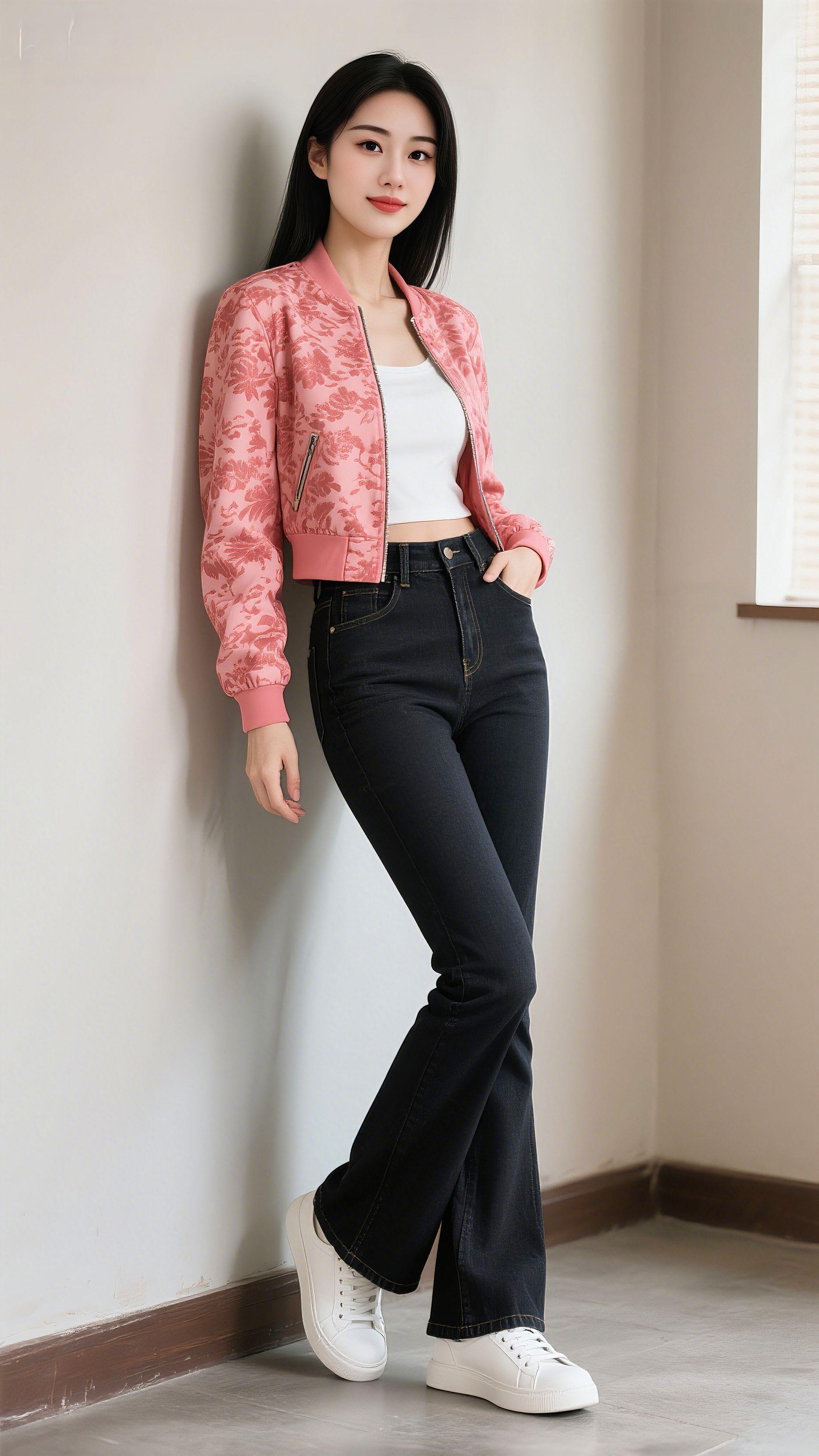 随手一拍的日常穿搭，粉色花纹棒球服太戳我啦～