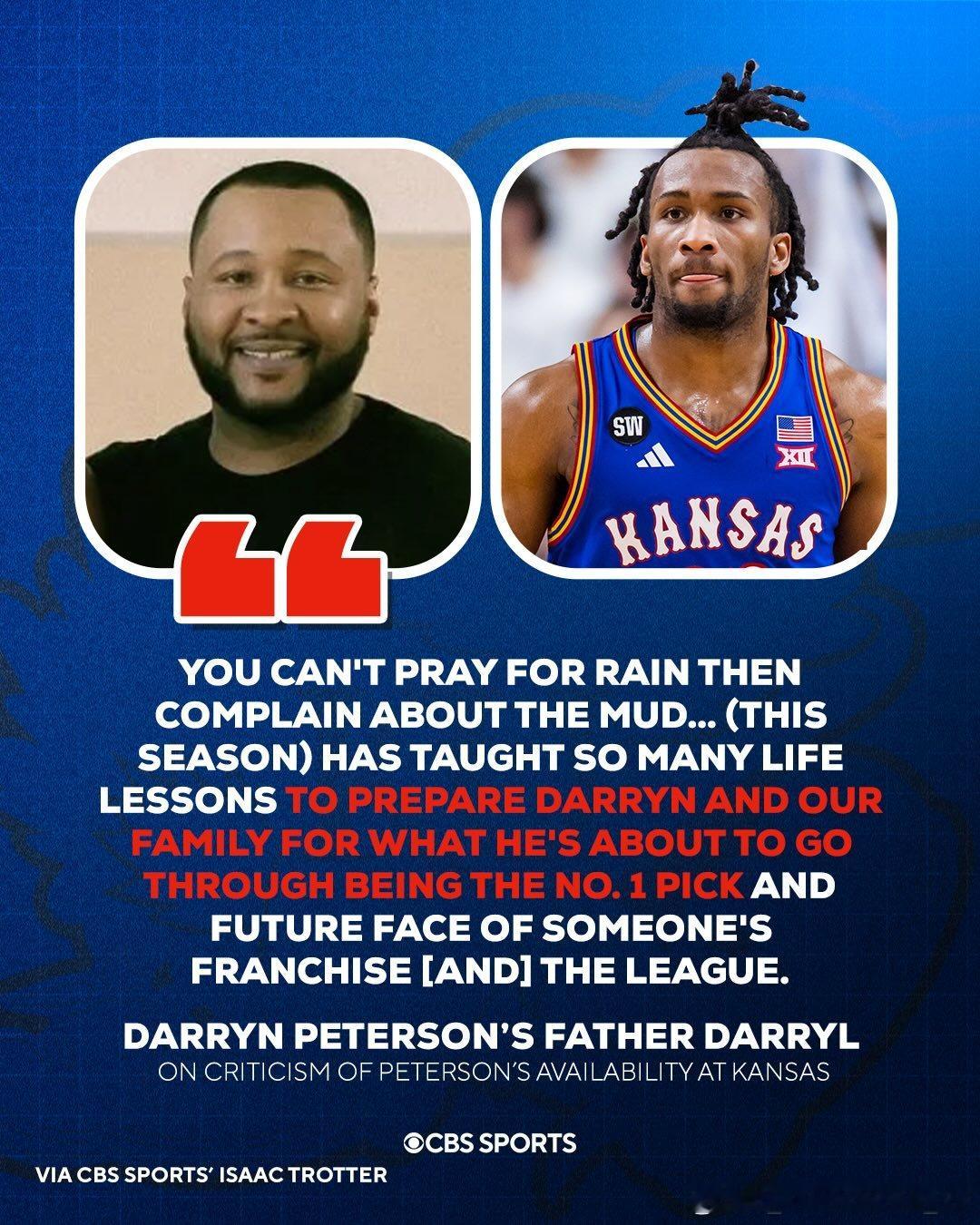 达林·彼得森的父亲达里尔谈及儿子因本赛季缺席比赛而面临的批评时袒露心声："你不能