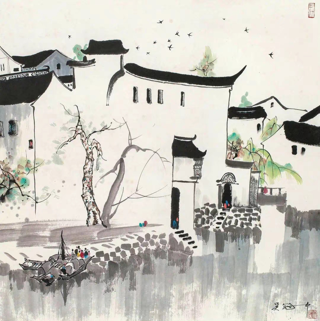 吴冠中画里的江南白墙，黛瓦，绿柳，石桥……飘逸的线条，写意的水墨，像诗一样，梦一
