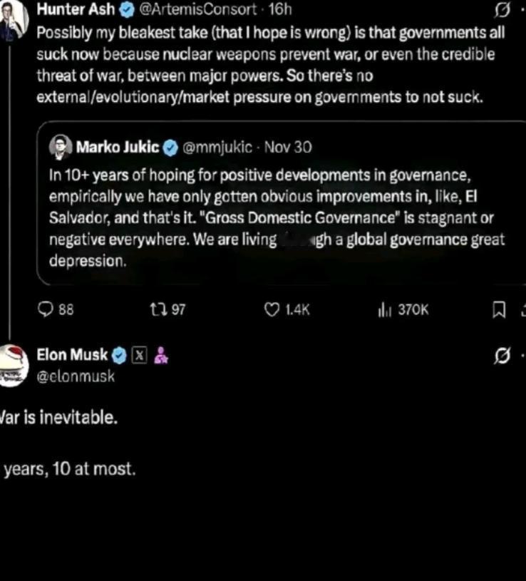 马斯克凌晨3点不睡觉，直接给全世界泼了一盆凉水。他在网上断言：战争无法避免，就在