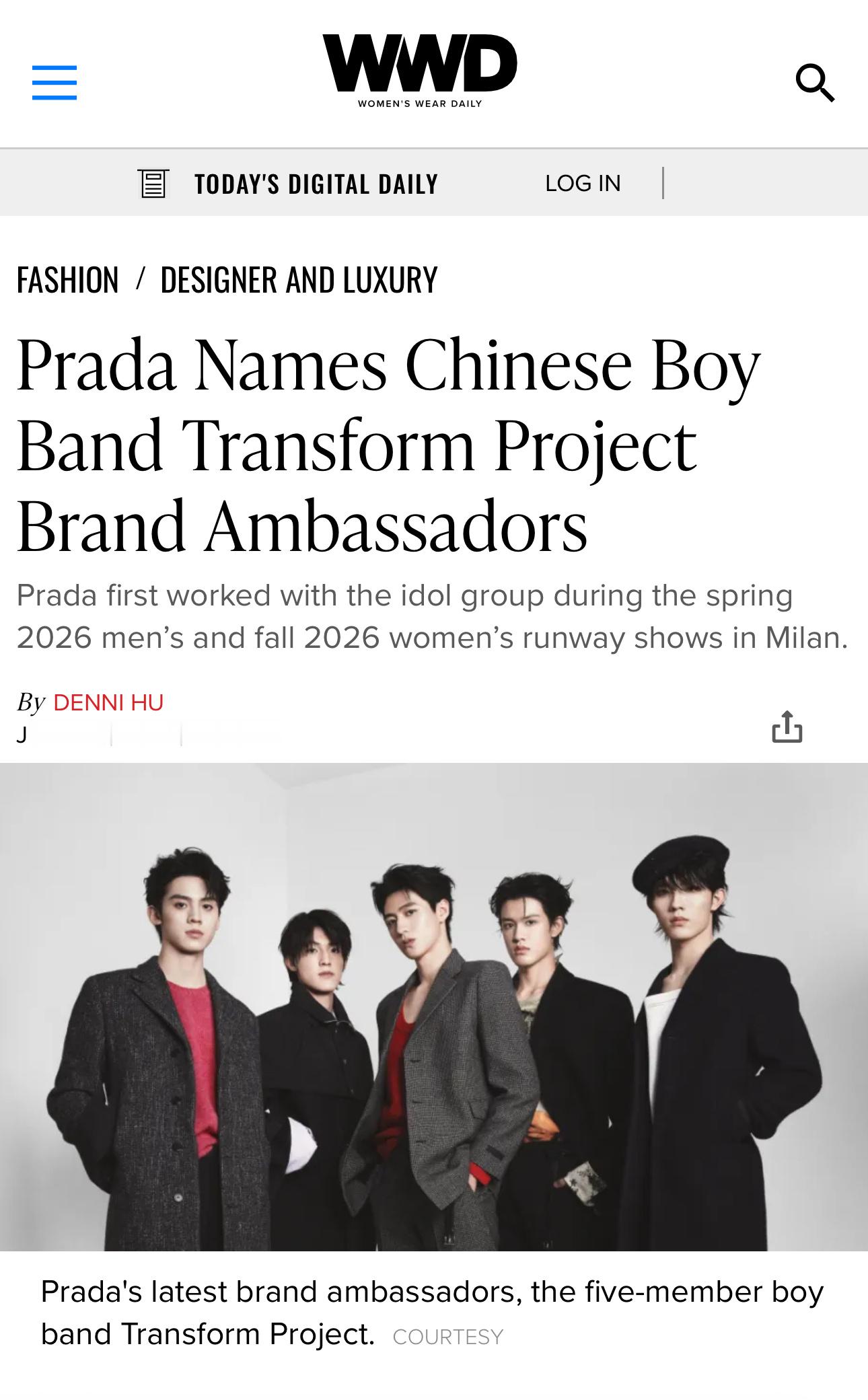 百年权威时尚媒体WWD 率先发布，TOP登陆少年组合朱志鑫、张泽禹、张极、左航、