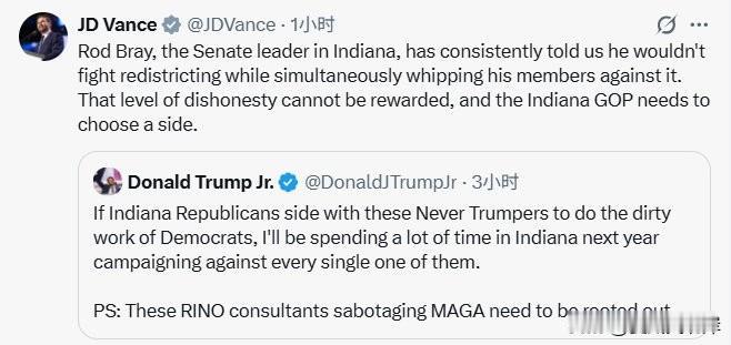 川普大力支持的印第安纳州选区重划方案被参议院驳回后，副总统万斯发文指责印第安纳州