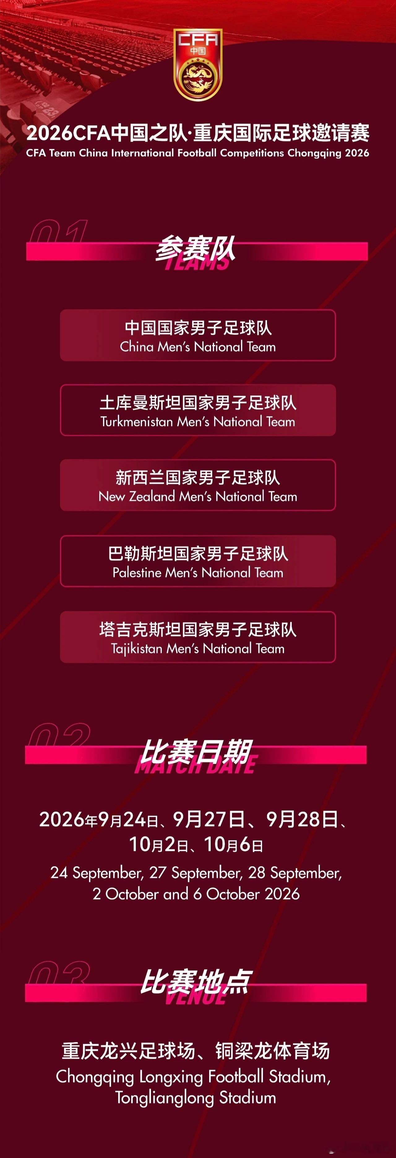 十一可以冲重庆了！⚽🔥国足9月24日-10月6日迎来重庆国际足球邀请赛，参赛球