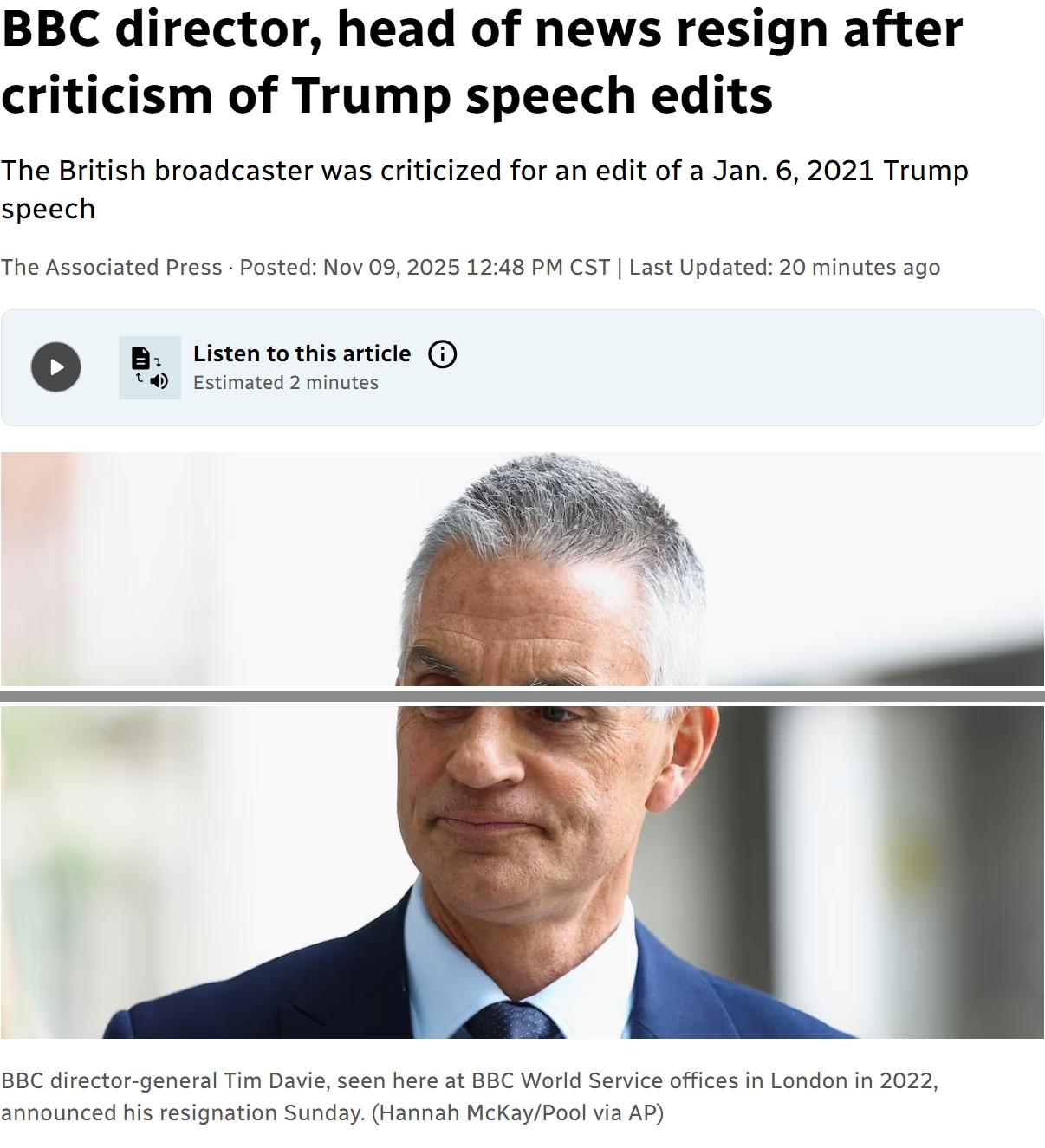 恶意编辑特朗普视频曝光后，BBC负责人和高级新闻主管双双辞职
近日迈克尔·普雷斯