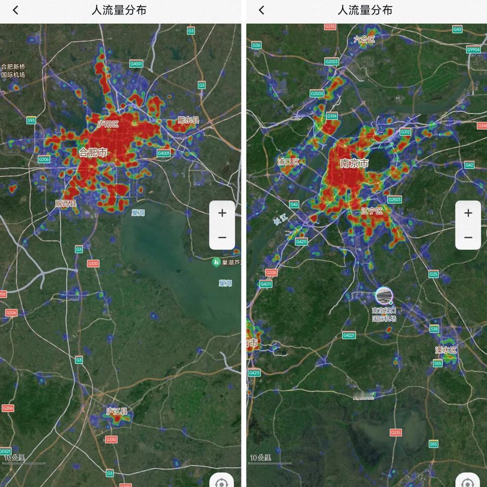 真没想到现在合肥市区人口数量竟然比南京还多，从城市热力图可以明显的看出合肥的红色