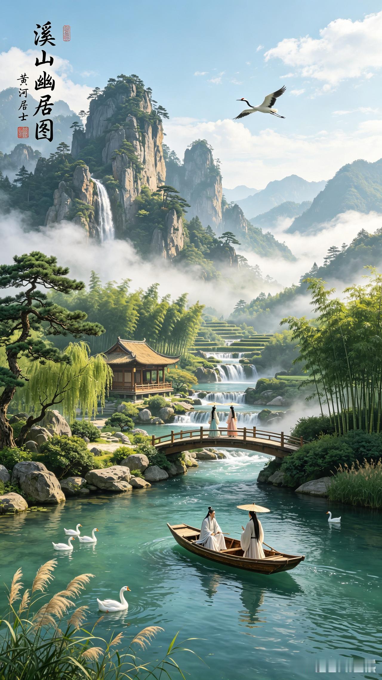 仙境般的溪流幽居，山水画卷中的世外桃源。