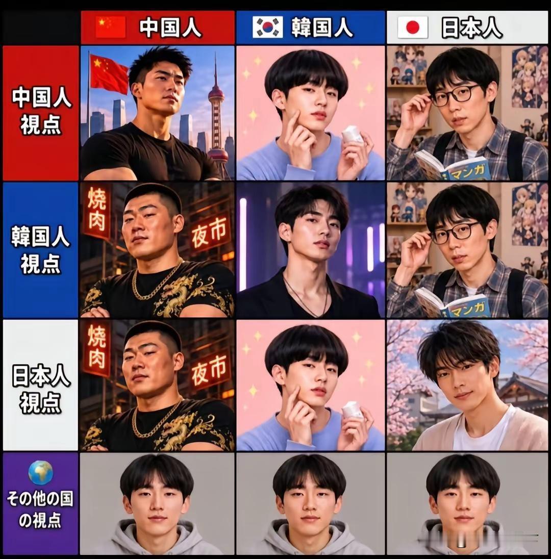 据说这是日本人画的，中日韩三国人的眼中自己和另外两国人的形象，第4排为其他国家人