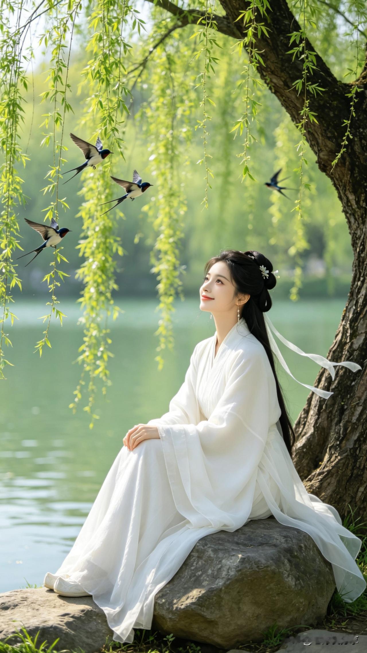 七绝·柳岸春闲
作者：老陈爱分享
柳丝垂岸水含柔，
飞燕翩跹逐翠流。
素袂临风心
