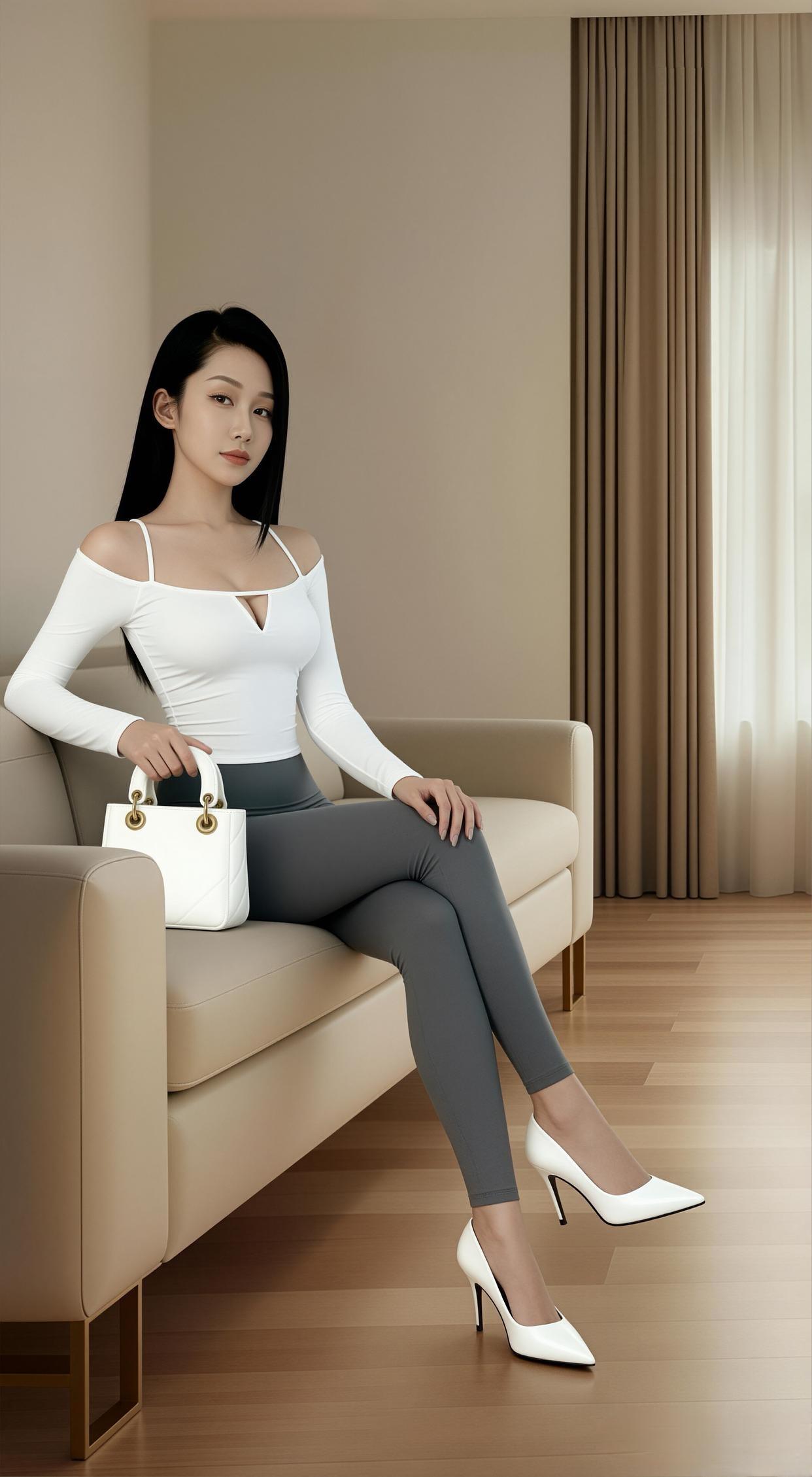 优雅气质，时尚穿搭，白色高跟鞋搭配灰色紧身裤，简约而不失优雅。
