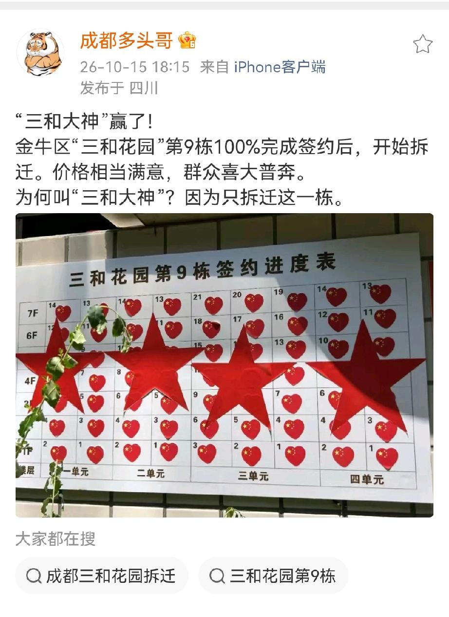 网传成都金牛区三和花园9栋100%完成签约即将拆迁，不少网友调侃三和大神赢了，整