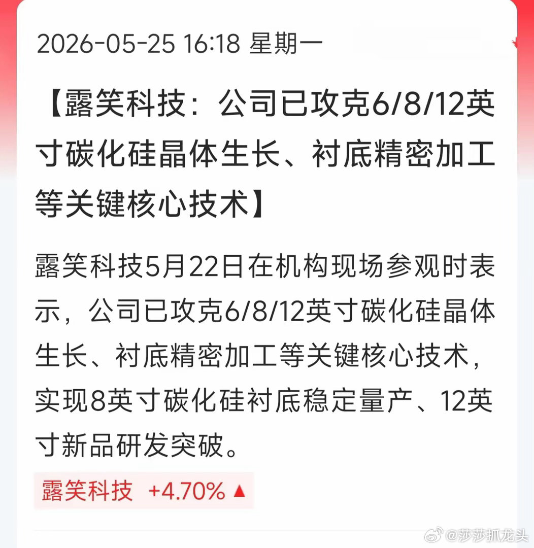 硬刚国际大厂！露笑科技拿下碳化硅全尺寸核心技术今天露笑科技涨了近5个点，消息面给