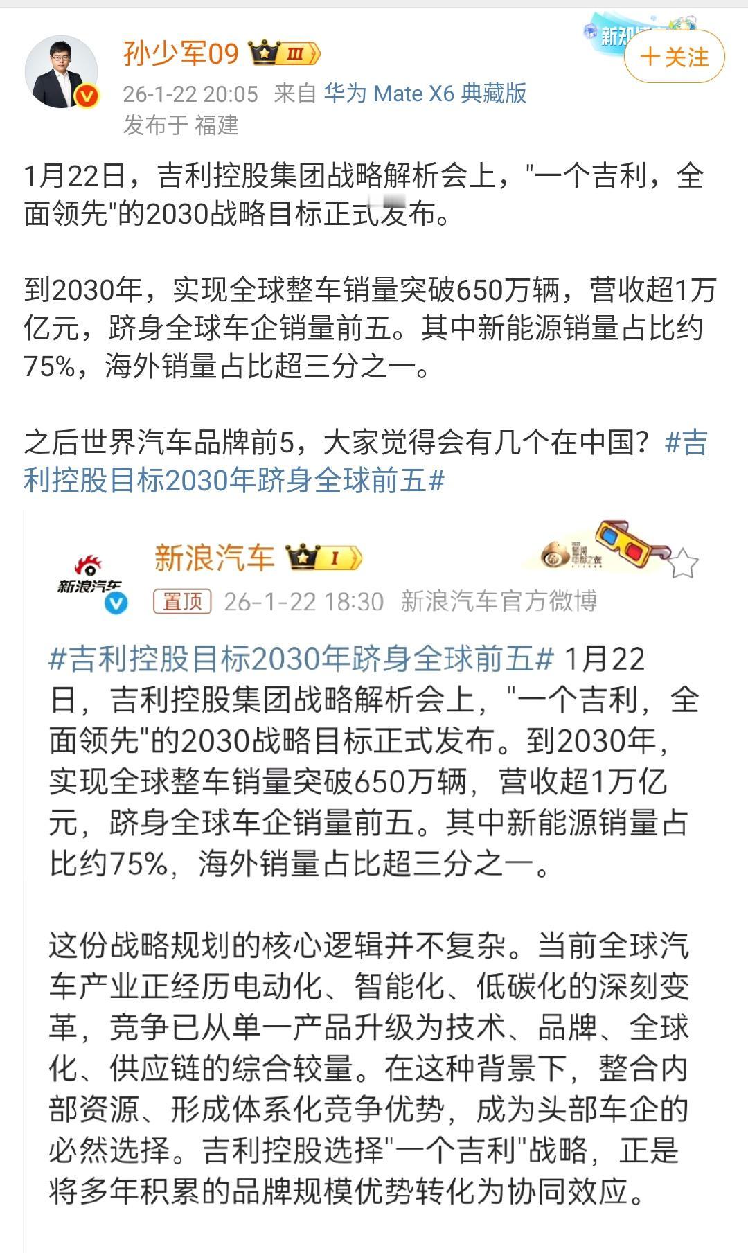 吉利控股集团2030目标跻身全球第5车企！实现全球整车销量突破650万辆！

在