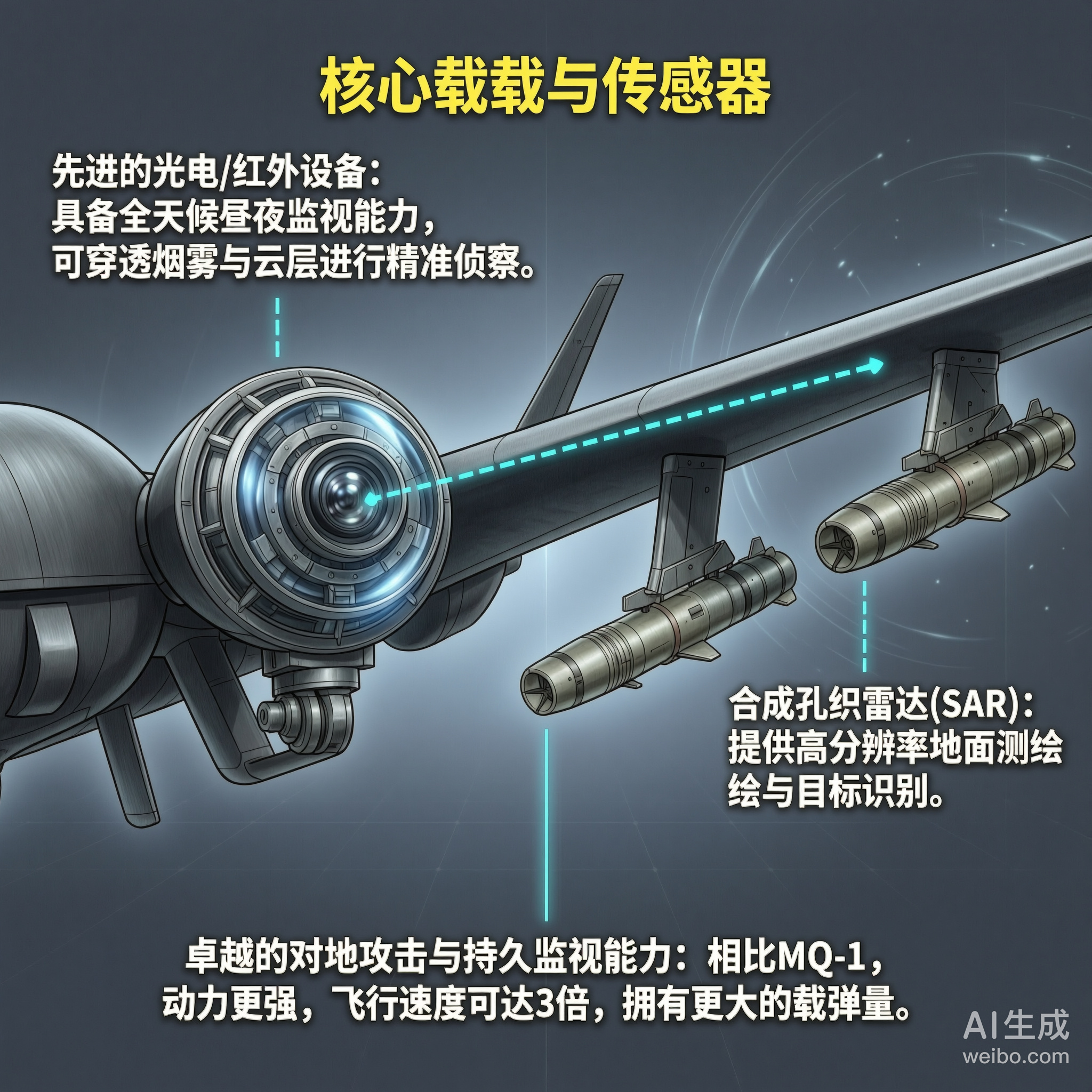 军事ai新视野 美国MQ-9“收割者”无人机机身长度：11米机身高度：3.8米翼