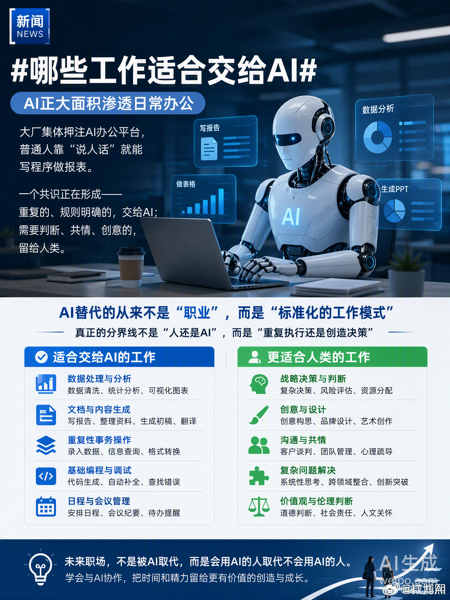 哪些工作适合交给AI最近聊AI办公的话题越来越多了，不少网友都担心AI抢饭碗，我