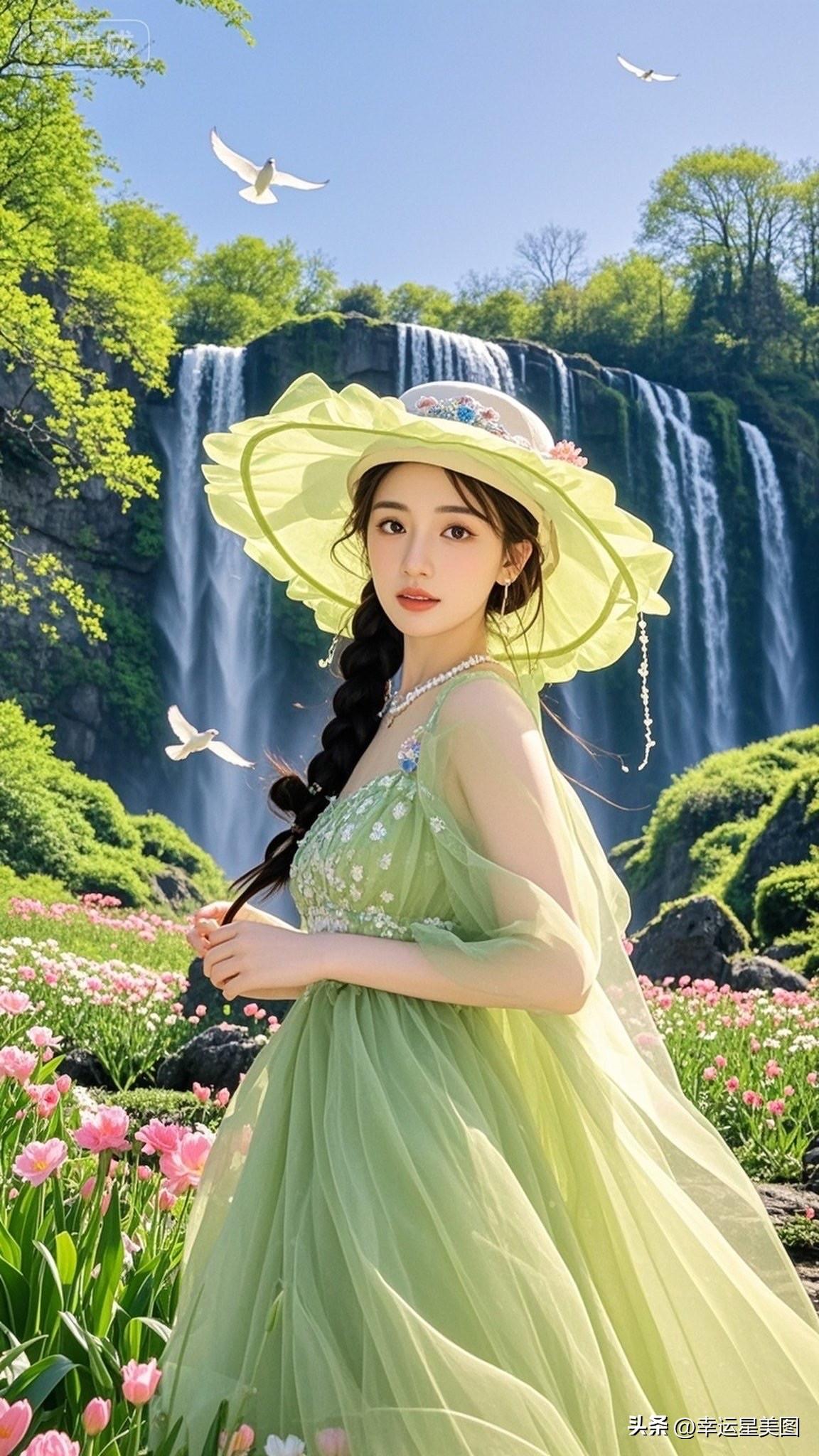 梦幻瀑布前，少女与花共舞，自然与优雅的完美融合。