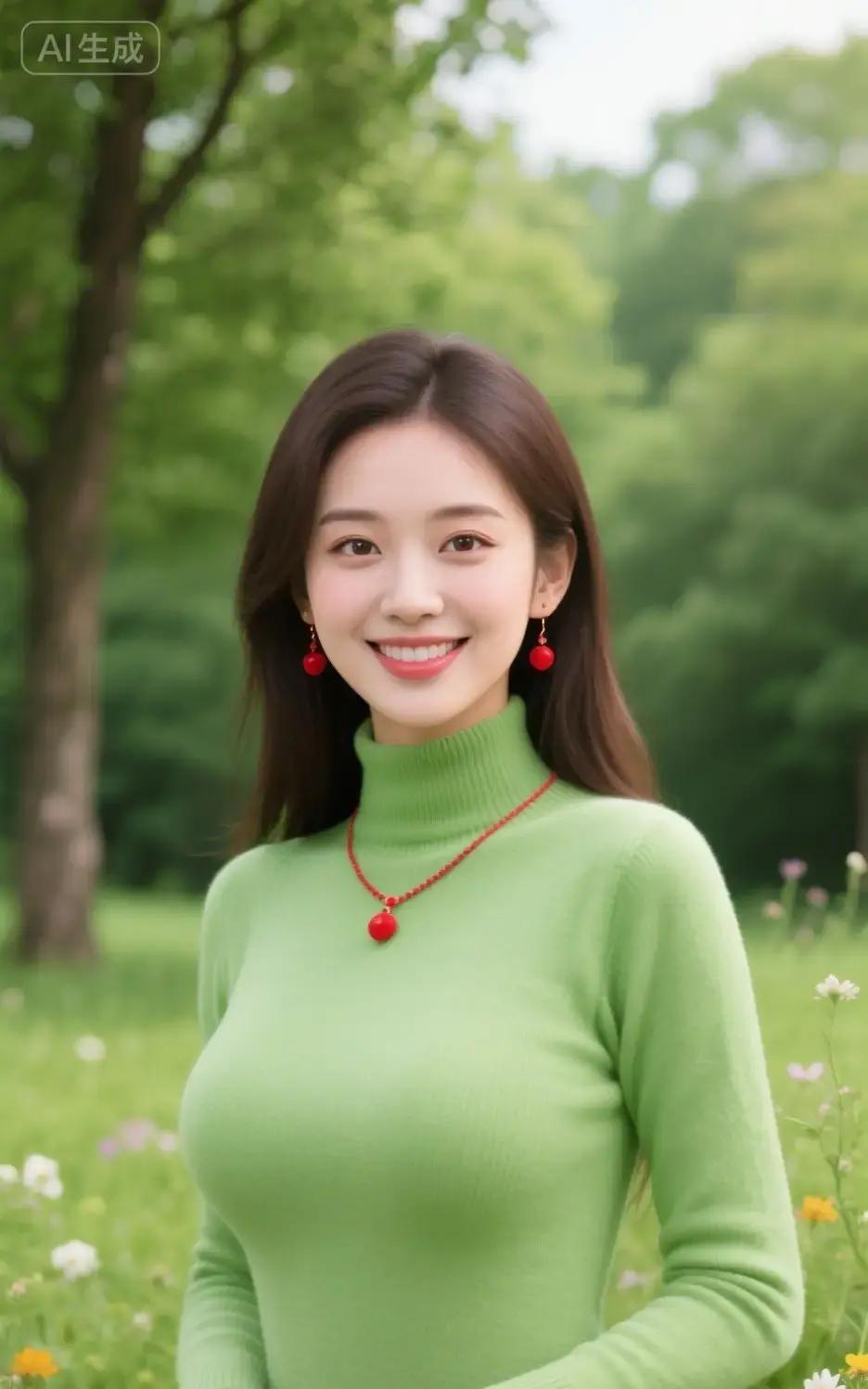 一眼沦陷！她穿抹茶绿
 
像把春天揉进毛线。抹茶绿针织衫裹住锁骨，红珠耳坠晃一下