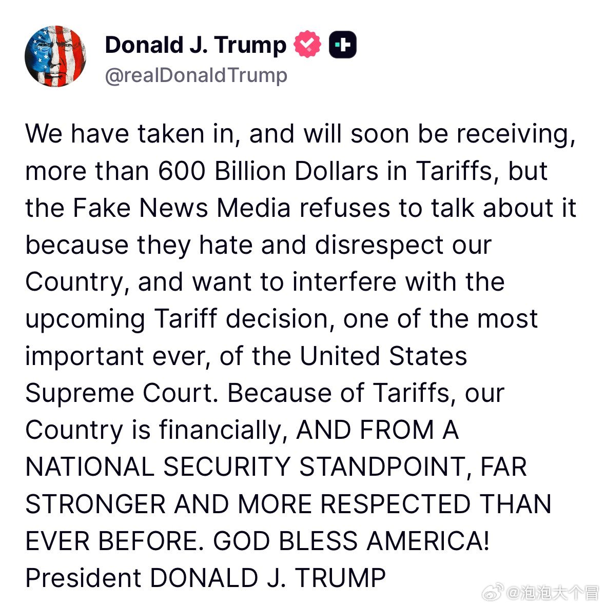 最高法院即将就川普总统的关税政策做出裁决之际，川普总统再次发文强调：“这些关税政