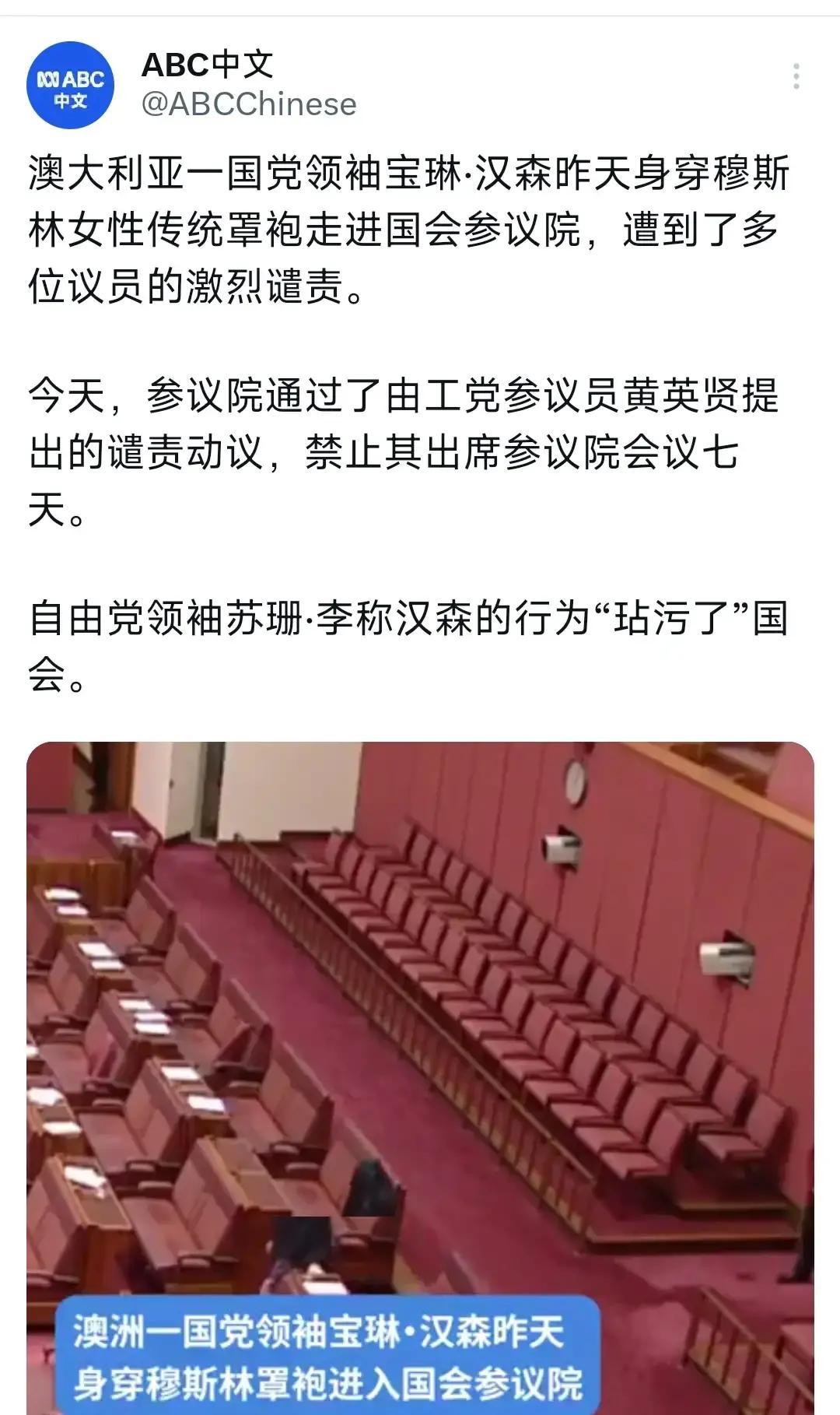 澳大利亚广播公司昨天（11月25日）报道：“澳大利亚一国党领袖宝琳·汉森昨天身穿