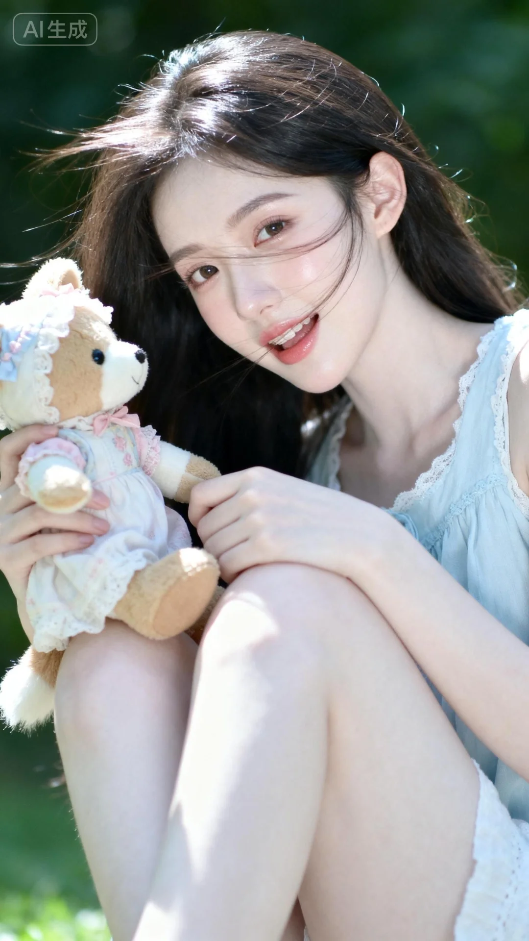 精美构图半身照，特写中景照，凸显女生主体。一个女孩与布娃娃打闹女生，动...