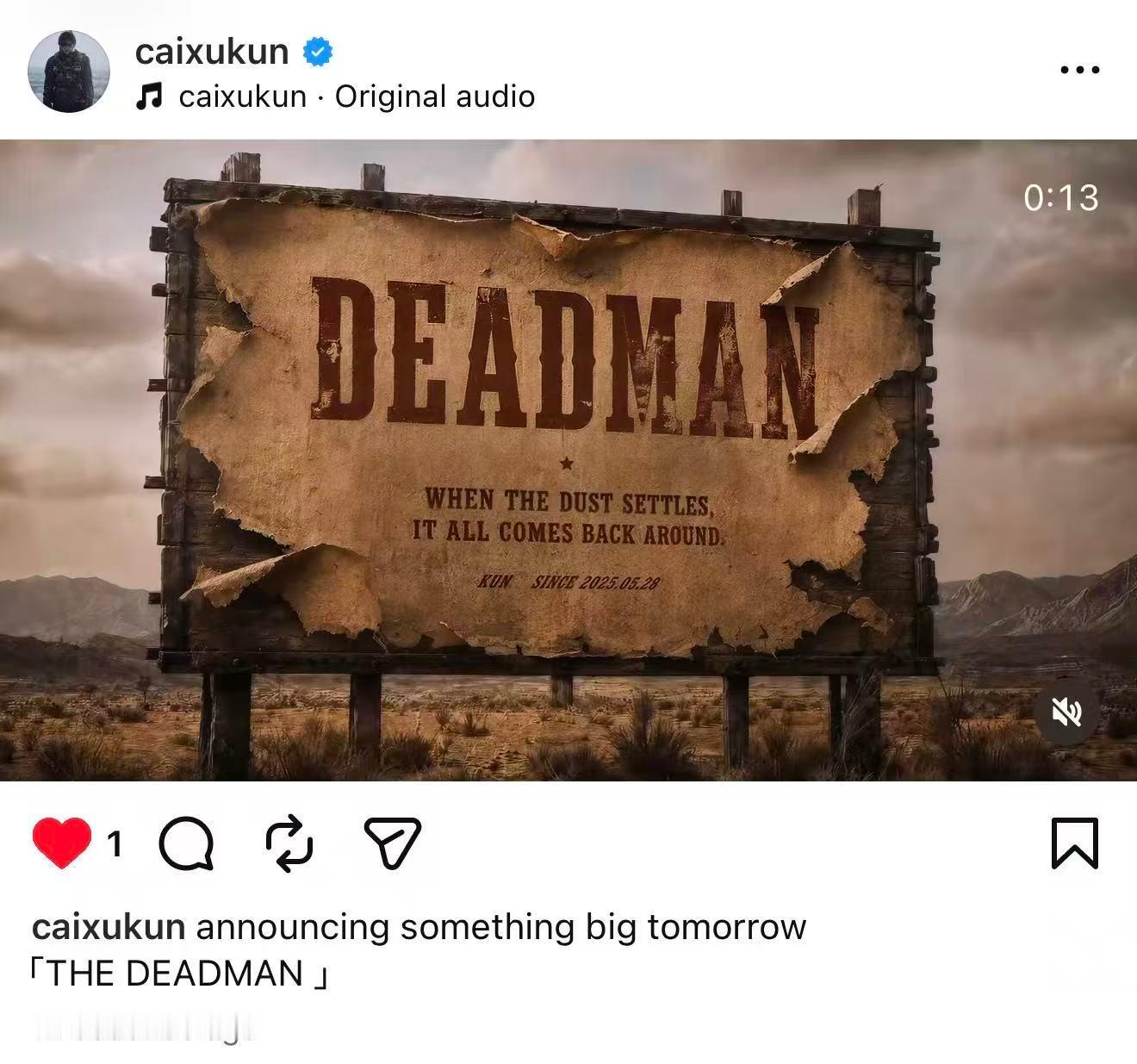 蔡徐坤TheDeadman演唱会 蔡徐坤发了蔡徐坤演唱会官宣IG 期待明天！！！