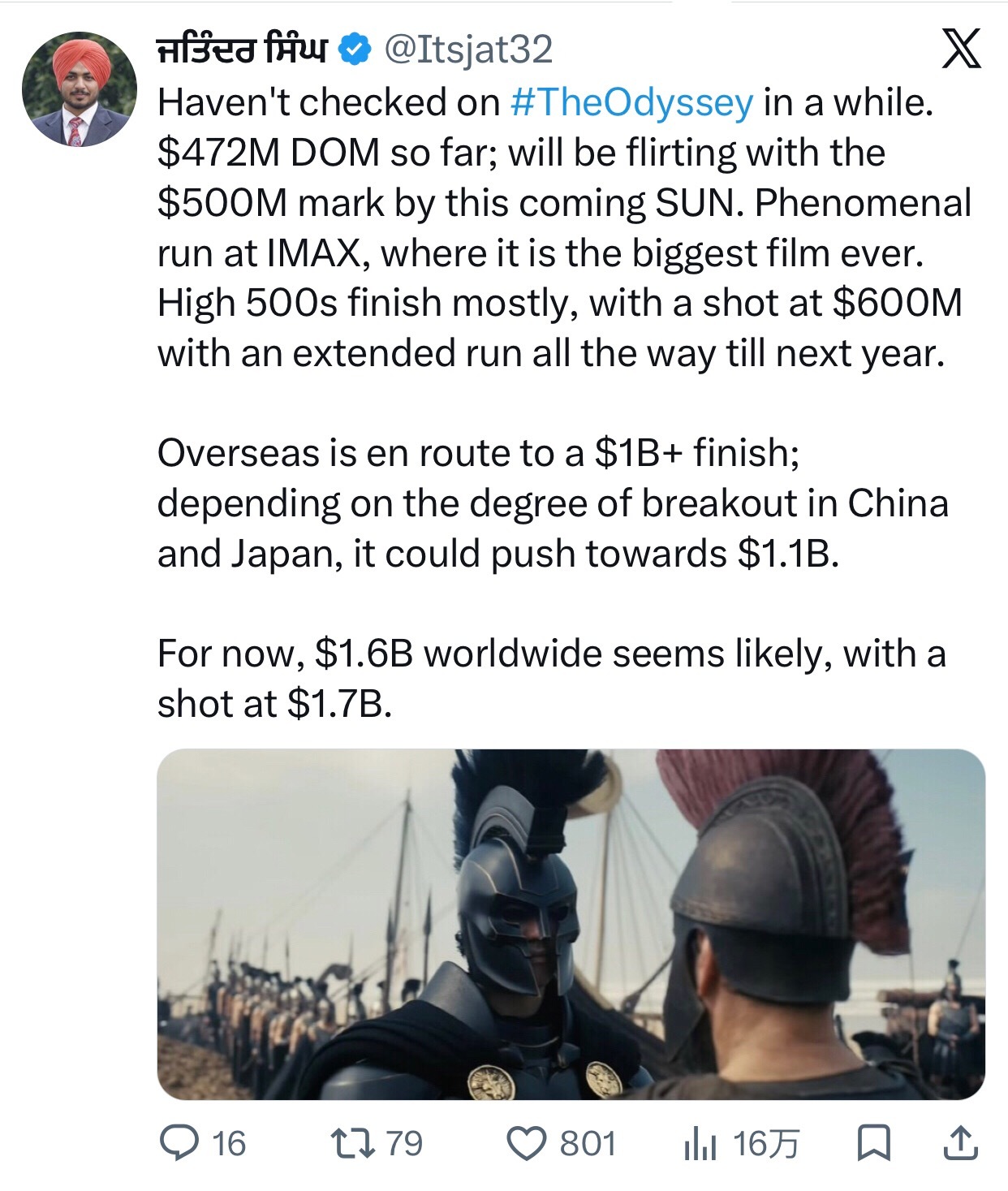 TNABO 《奥德赛》全球票房冲击16～17亿美元，有望拿下《侏罗纪世界》（16