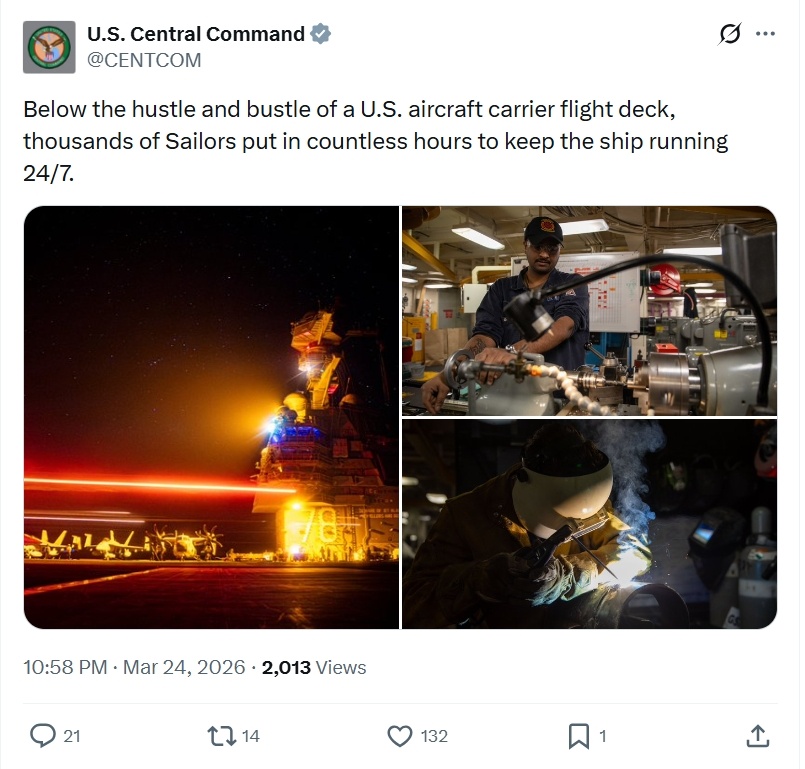 美国中央司令部：在美国航母(福特号)飞行甲板的喧嚣之下，数千名水手投入无数个小时