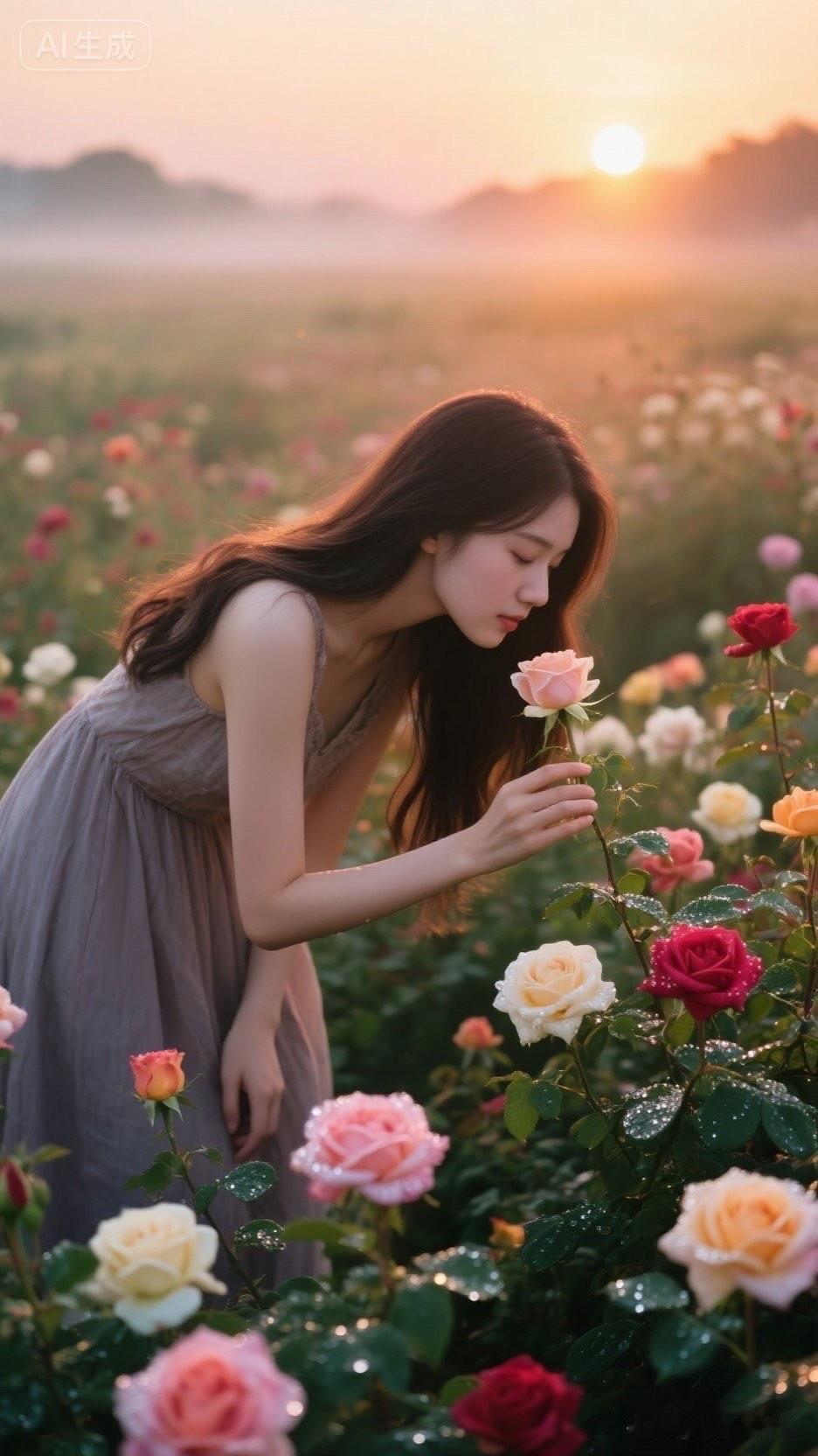 在夕阳下，与玫瑰共舞的少女