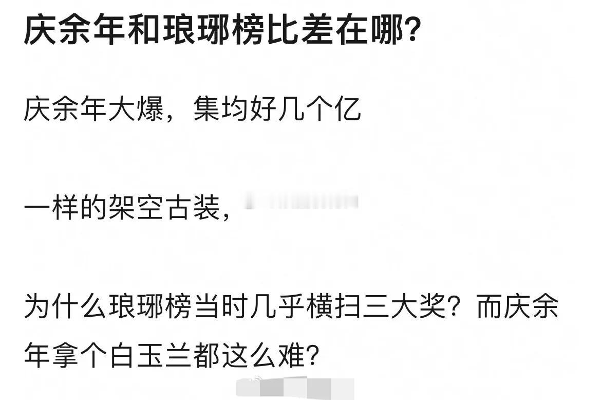 有人问张若昀庆余年和胡歌琅琊榜比差在哪？为什么一直拿不到奖，说白了就是一个是男频