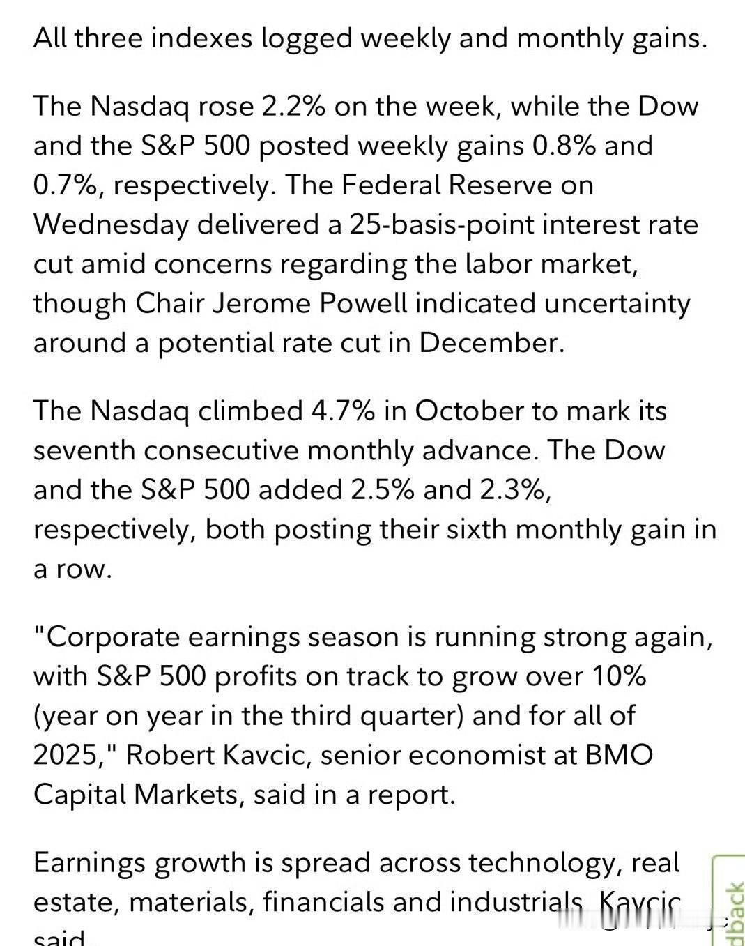 十月结束，标普500📈2.3%、道琼斯📈2.5%，都是连续第六个月增长；纳斯