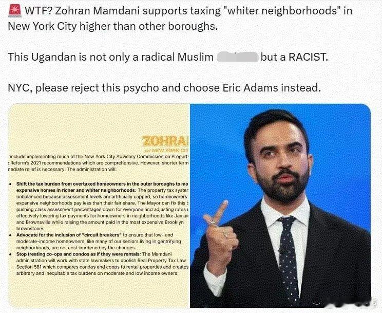 美国纽约市市长民主党籍候选人佐兰·曼达尼支持对纽约市的“白人社区”征税高于其他行